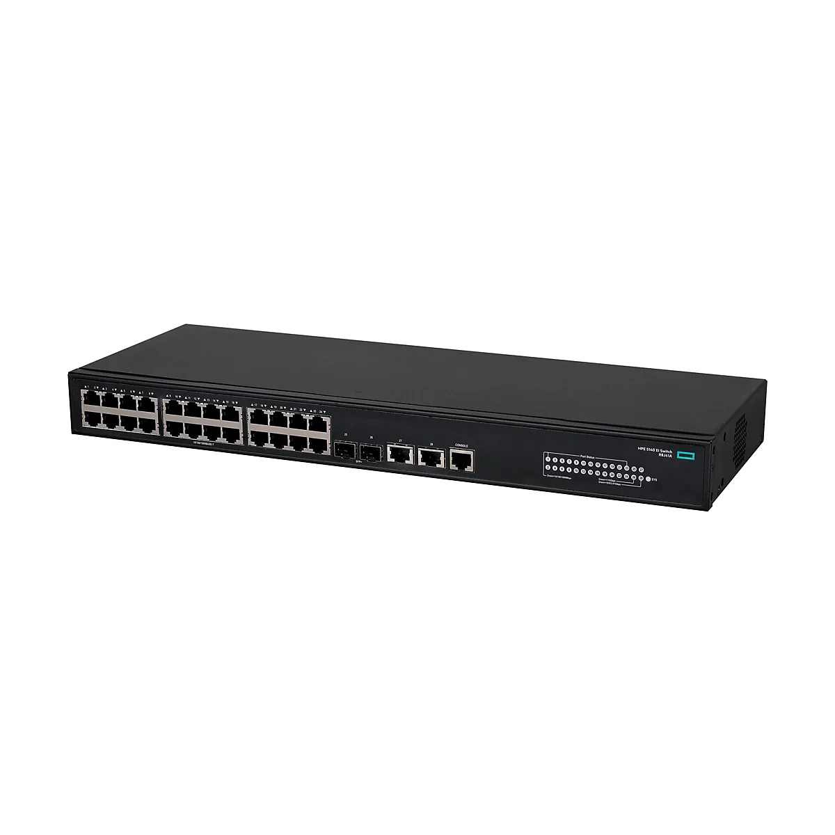 HPE 5140 EI Switch R8J41A in schwarzem Metallgehäuse vor weißem Hintergrund.