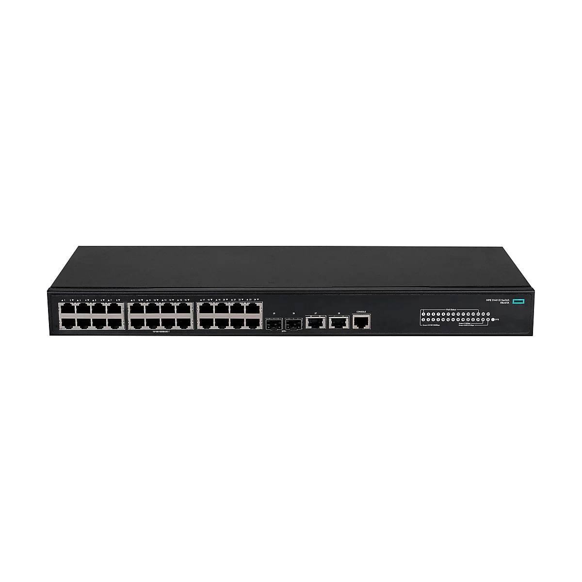 Schwarzer HPE 5140 EI Netzwerk-Switch vor weißem Hintergrund mit 24 Ports und vier SFP+ Anschlüssen.