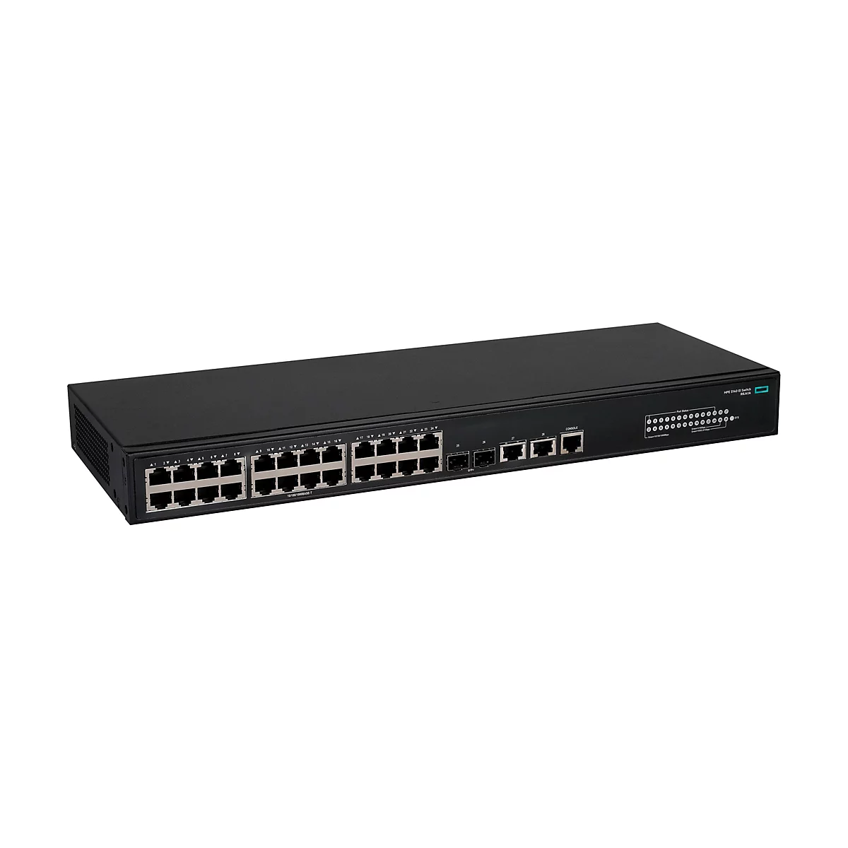 Schwarzer HPE 5140 EI Netzwerk-Switch mit 24 Ports und Statusanzeigen vor weißem Hintergrund.