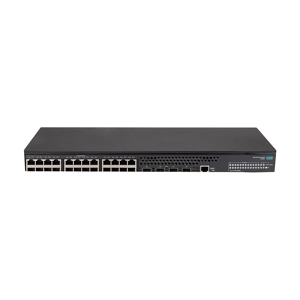 HPE 5140 EI Switch JL828A Vorderansicht mit 24 Netzwerkanschlüssen und vier SFP+ Ports auf schwarzem Hintergrund.