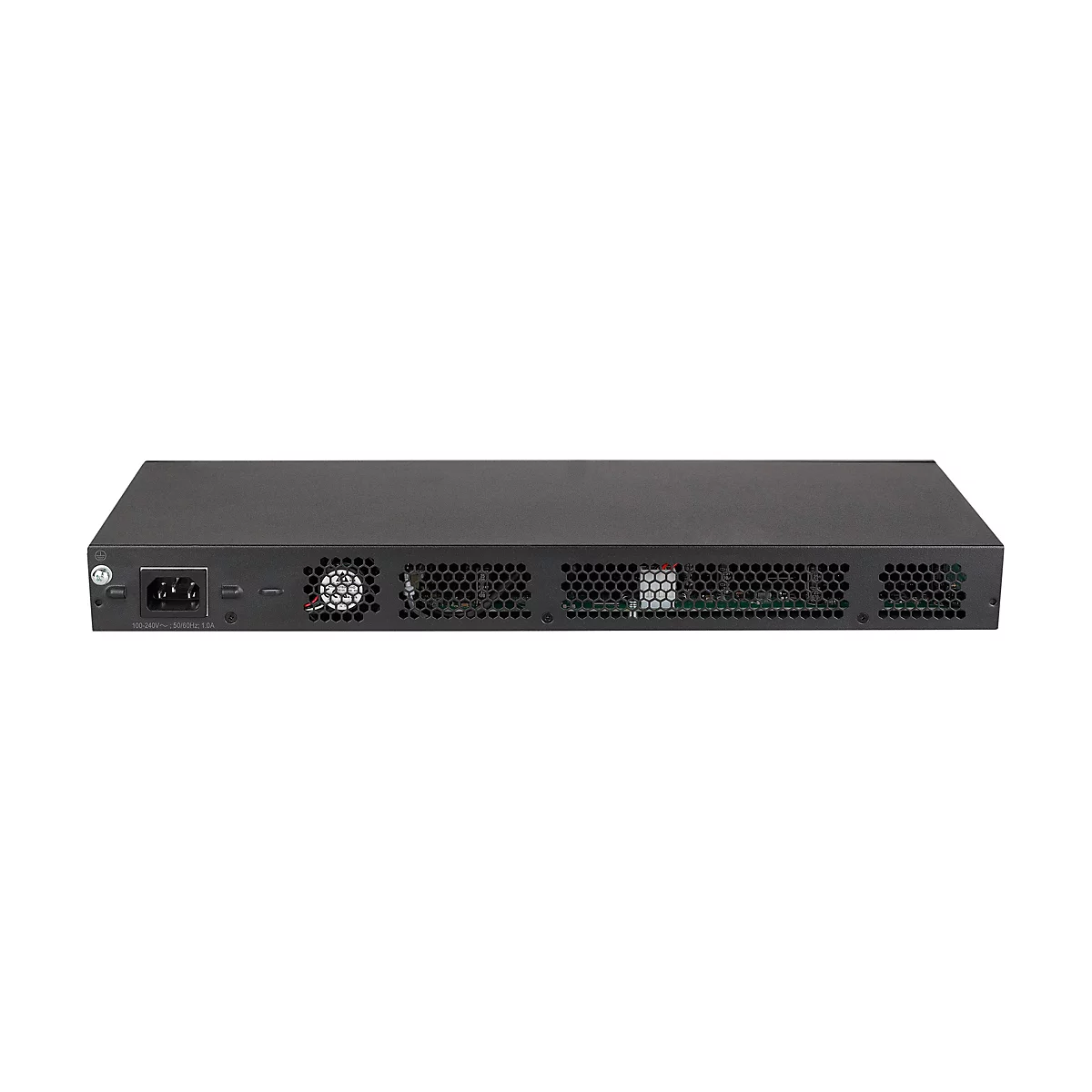 Rückansicht eines schwarzen Netzwerk-Switches mit Kaltgerätestecker-Anschluss und Belüftungsgittern.