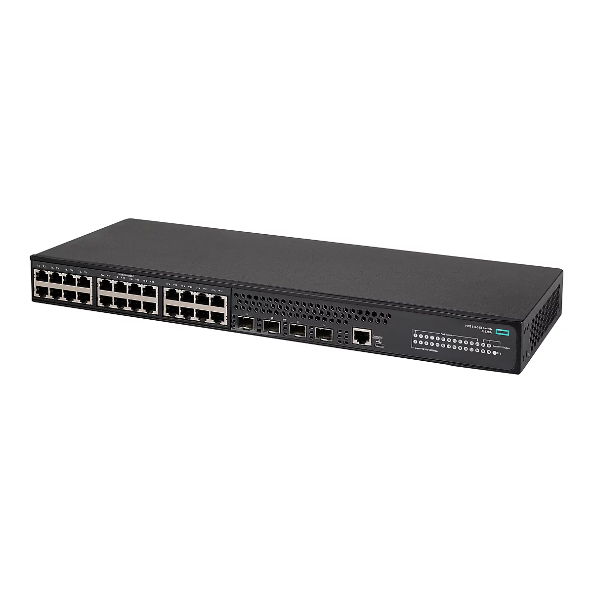 Ein schwarzer Netzwerk-Switch mit zahlreichen Anschlüssen und Anzeigen. Die Beschriftung 'HPE 5140 EI Switch JL828A' ist sichtbar.
