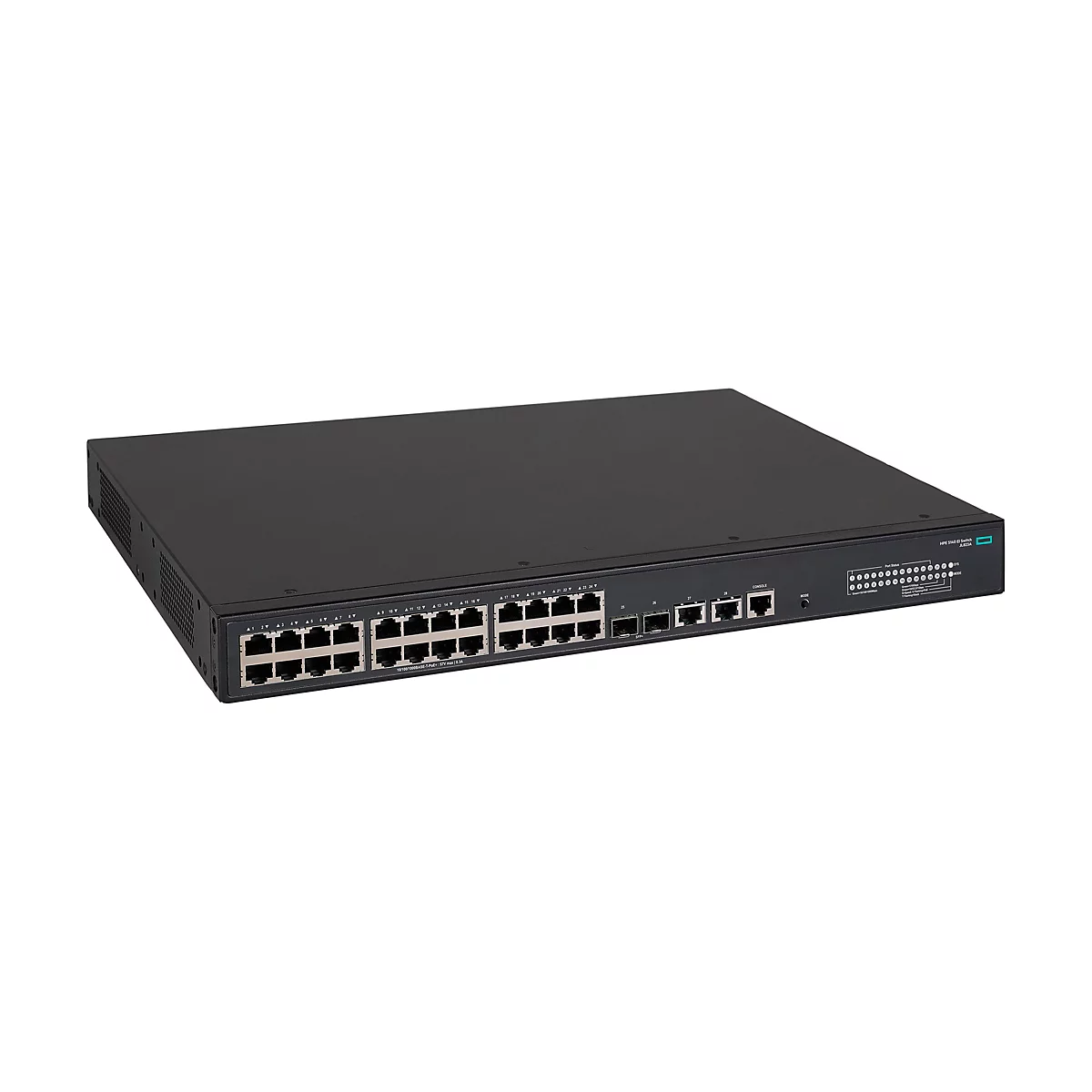 Schwarzer HPE 5140 EI Netzwerk-Switch in einer 19-Zoll-Gehäuseansicht.