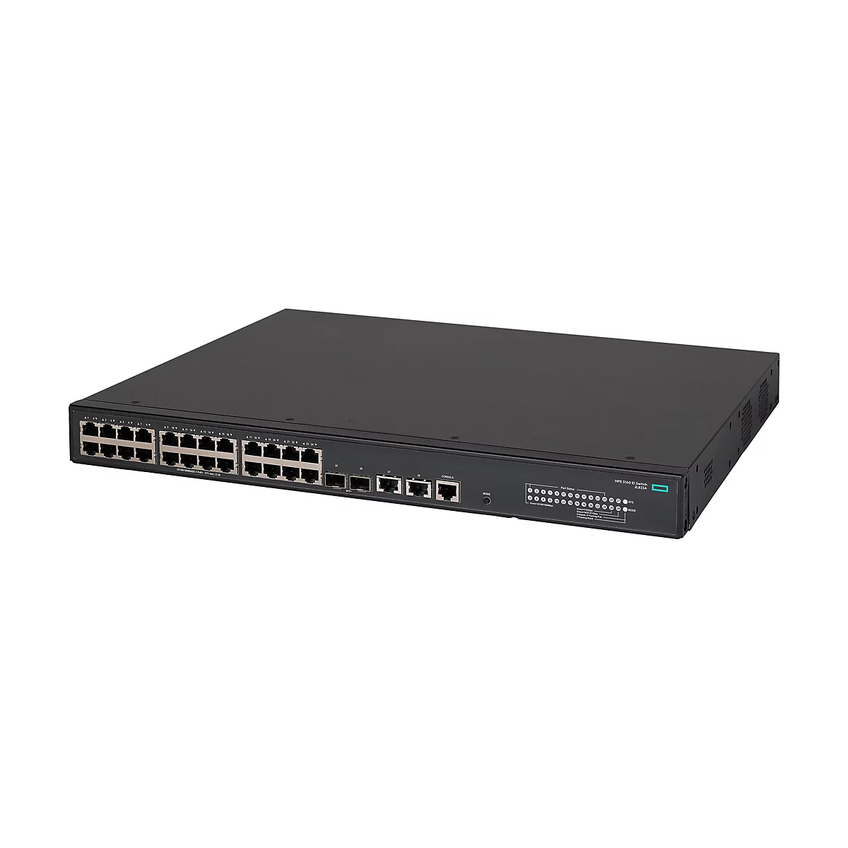 Schwarzer HPE 5140 EI Netzwerk-Switch in einer 19-Zoll Gehäuseform vor weißem Hintergrund.