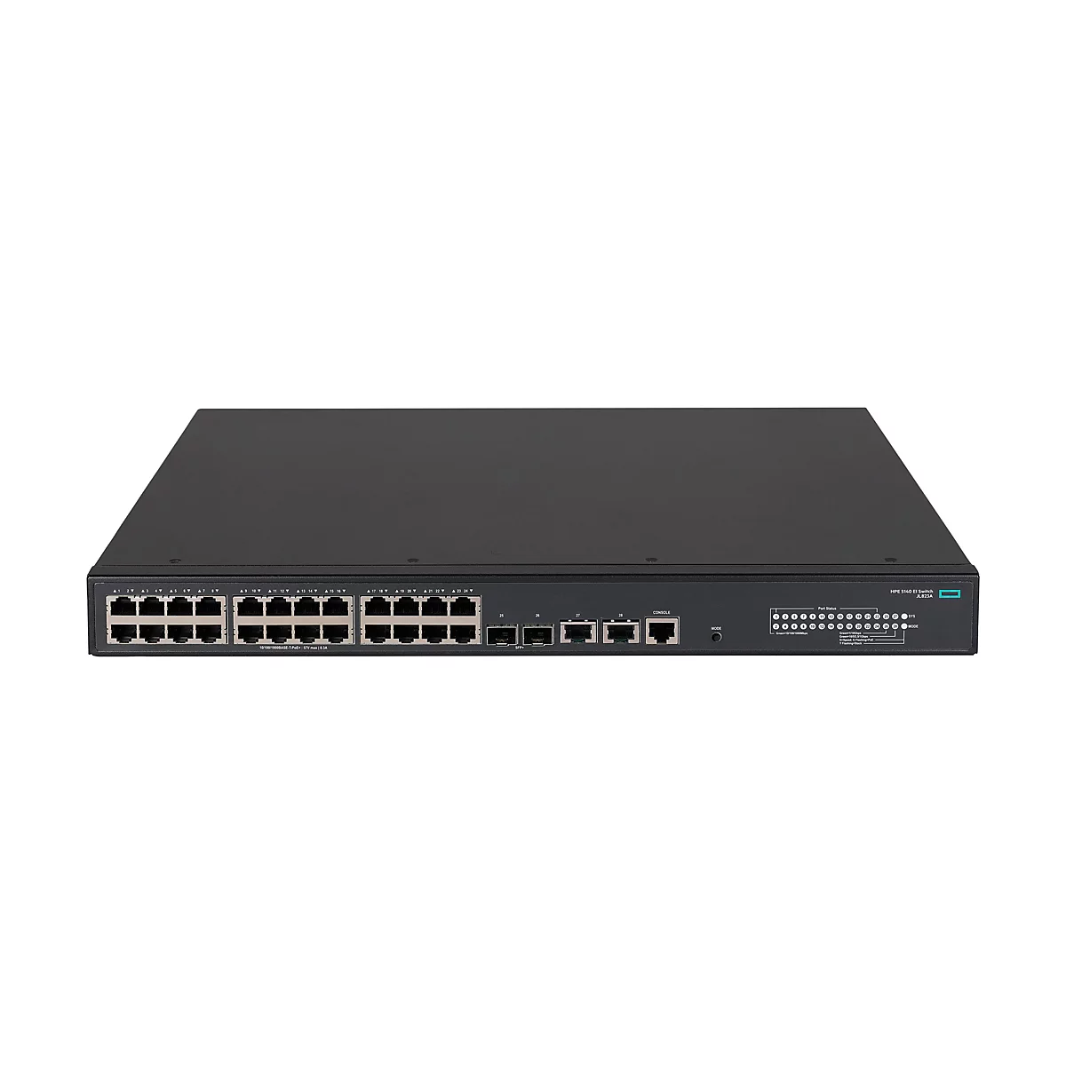 HPE 5140 EI Switch JL823A, Frontansicht, schwarzes Gehäuse mit RJ45- und SFP-Ports.