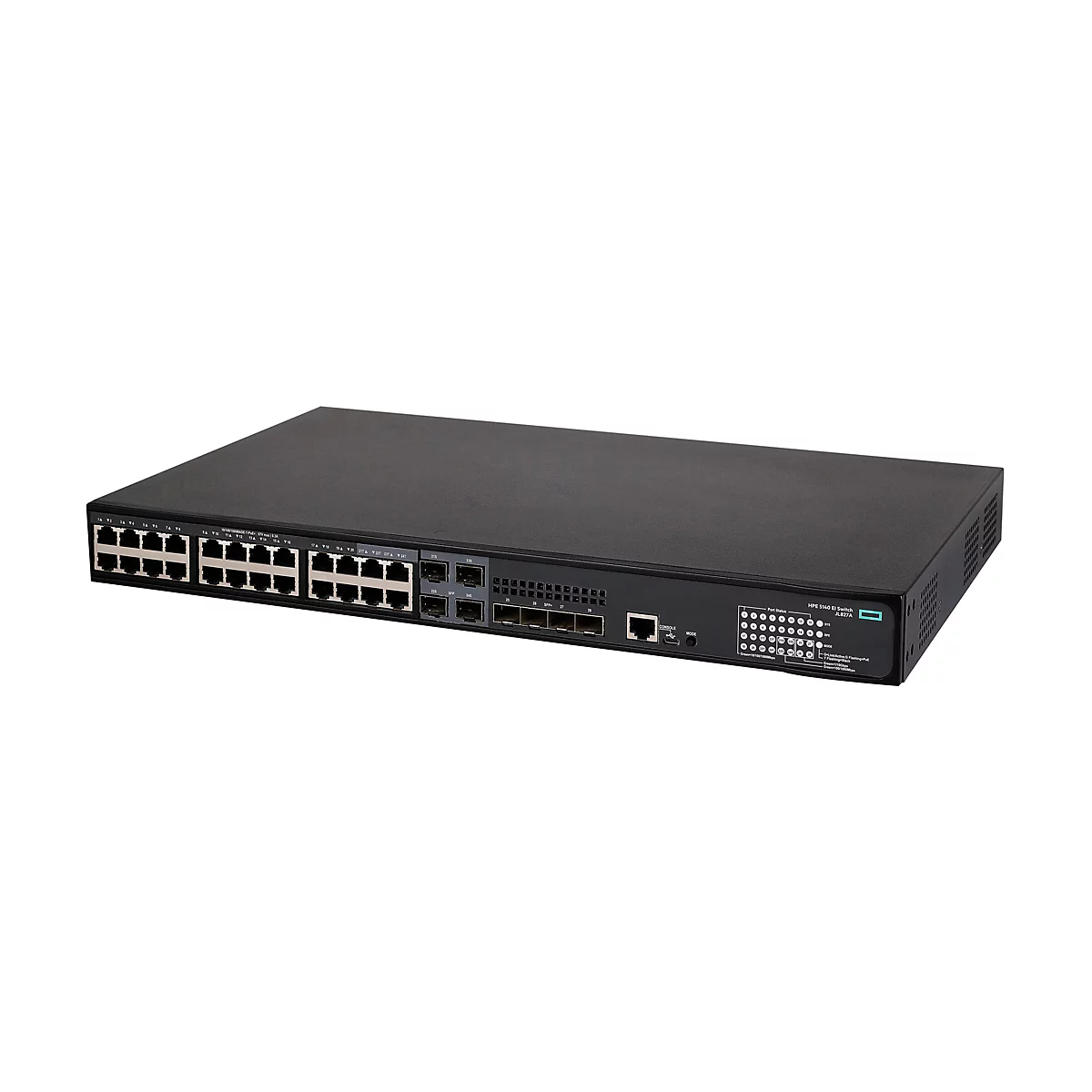 Schwarzer HPE 5140 EI Netzwerk-Switch vor weißem Hintergrund mit zahlreichen LAN- und SFP-Ports.