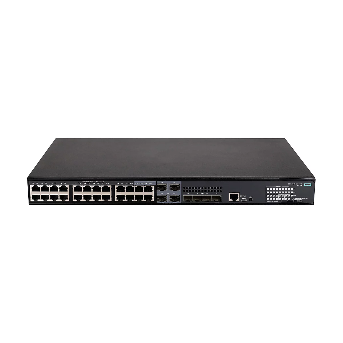 Schwarzer HPE 5140 EI Switch Netzwerk-Switch mit 24 Ethernet-Ports und 4 SFP+-Uplink-Ports auf weißem Grund.