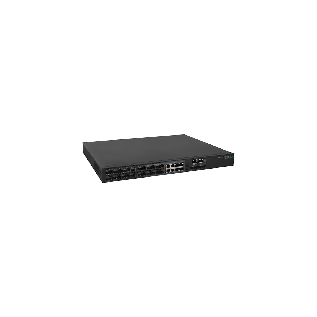 Schwarzer Netzwerk-Switch, mit mehreren Ports und der Bezeichnung "HPE 5130" auf der rechten Seite.