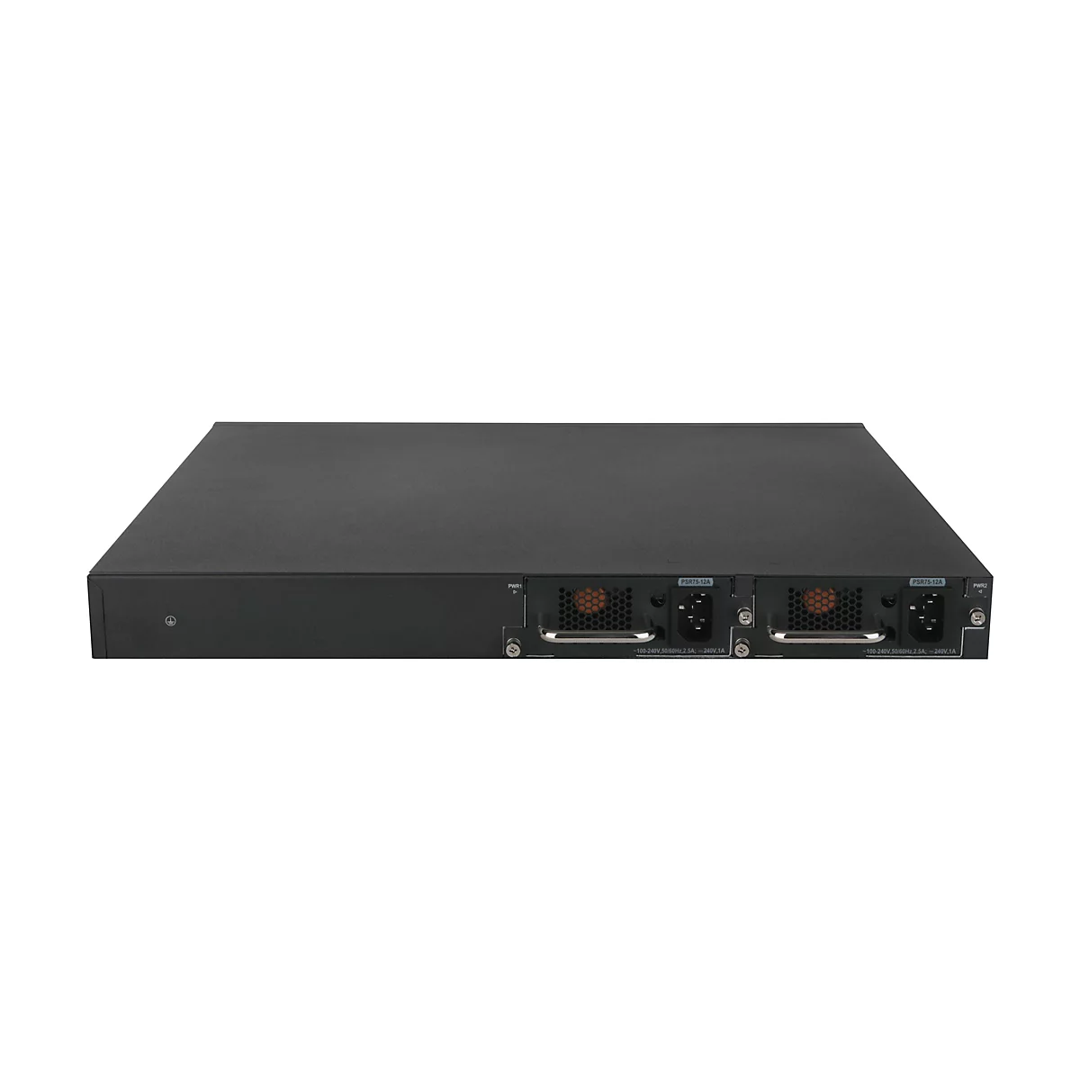 Schwarzer Netzwerk-Switch, Ansicht von vorne. Auf der Rückseite befinden sich Anschlüsse und Lüfter. Auf der Vorderseite ein Erdungssymbol.