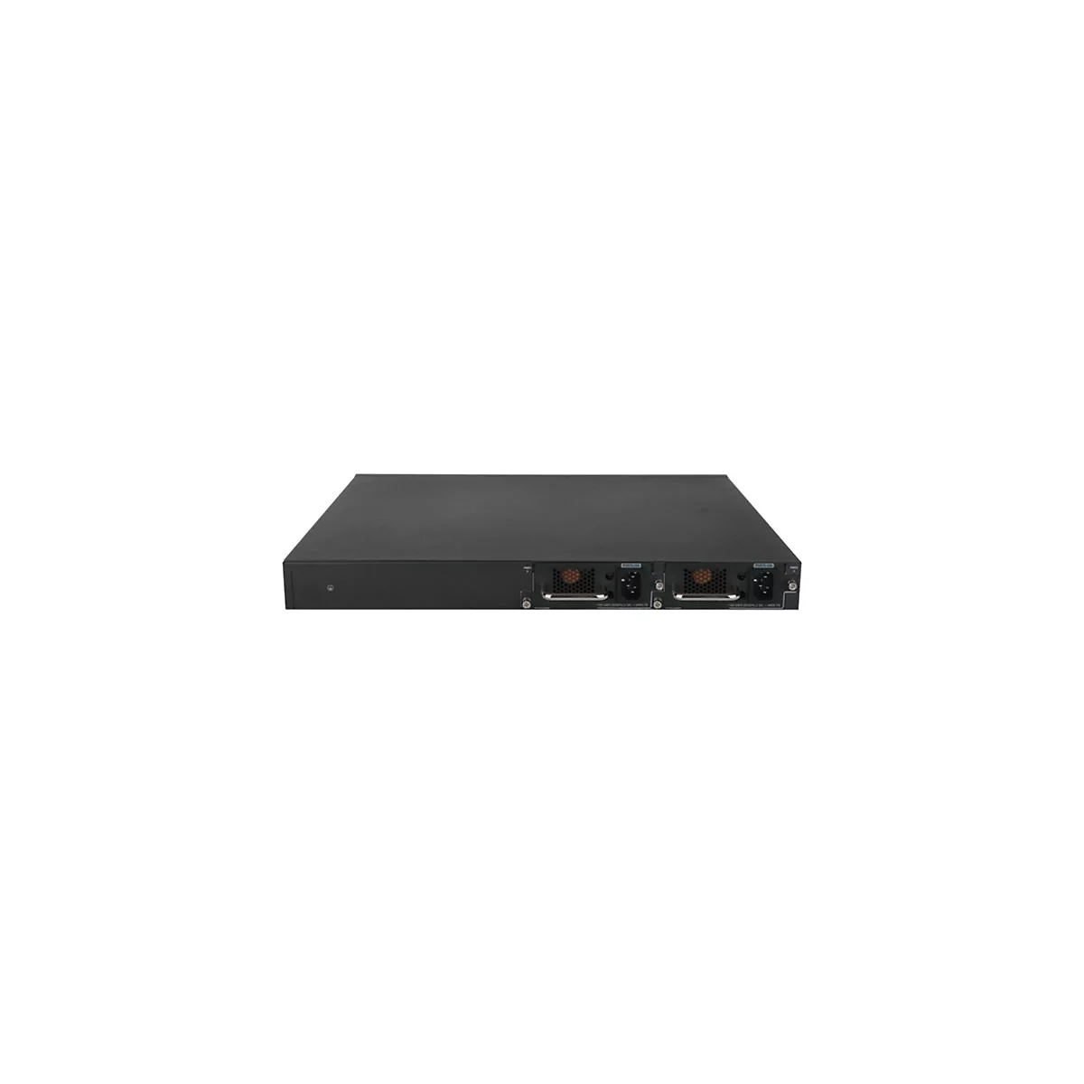 Schwarzer Netzwerk-Switch, mit Lüftern und Stromanschlüssen.