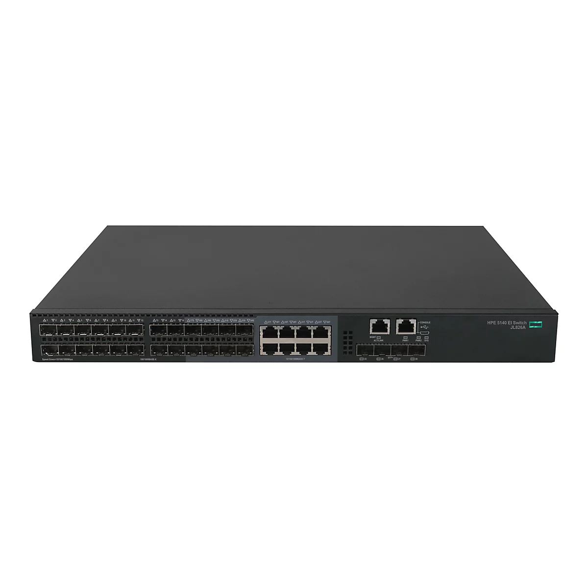 Ein schwarzer HPE 5140 El Switch mit zahlreichen Anschlüssen und Ports.