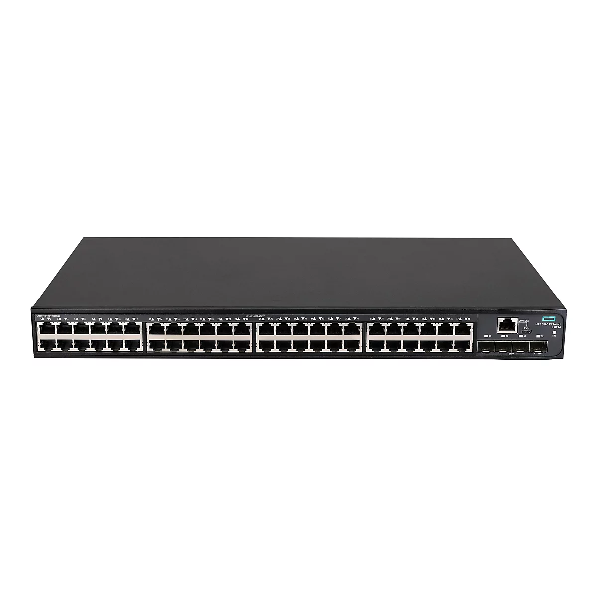Schwarzer HPE 5140 EI Netzwerk-Switch mit 48 LAN-Ports und 4 SFP-Anschlüssen vor weißem Hintergrund.