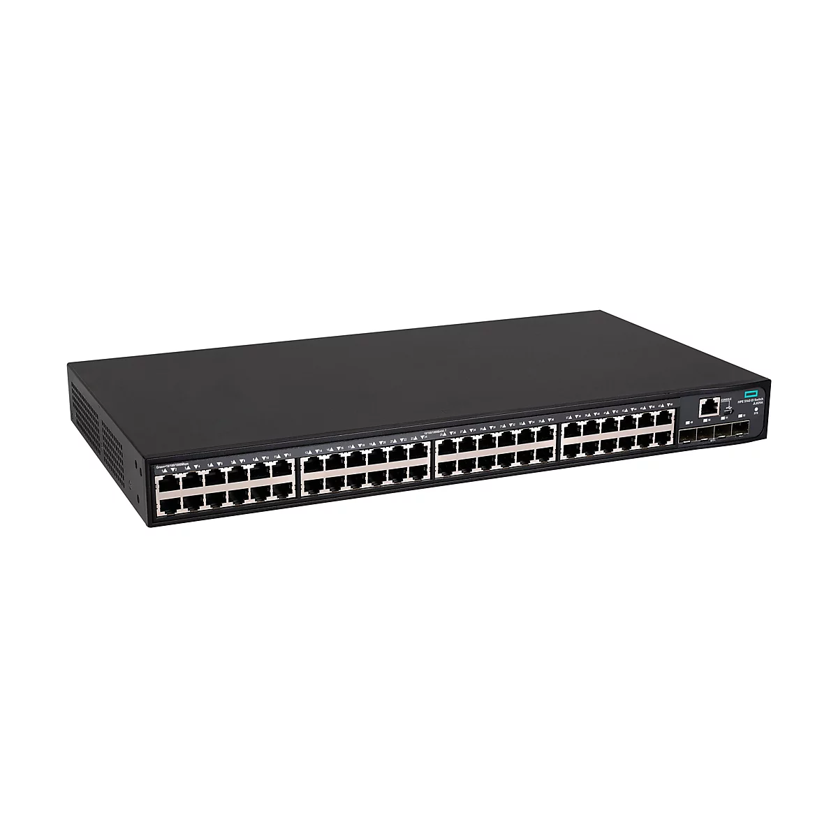 Schwarzer HPE 5140 EI Netzwerk-Switch in Frontansicht mit zahlreichen Ethernet- und SFP+-Ports auf weißem Hintergrund.