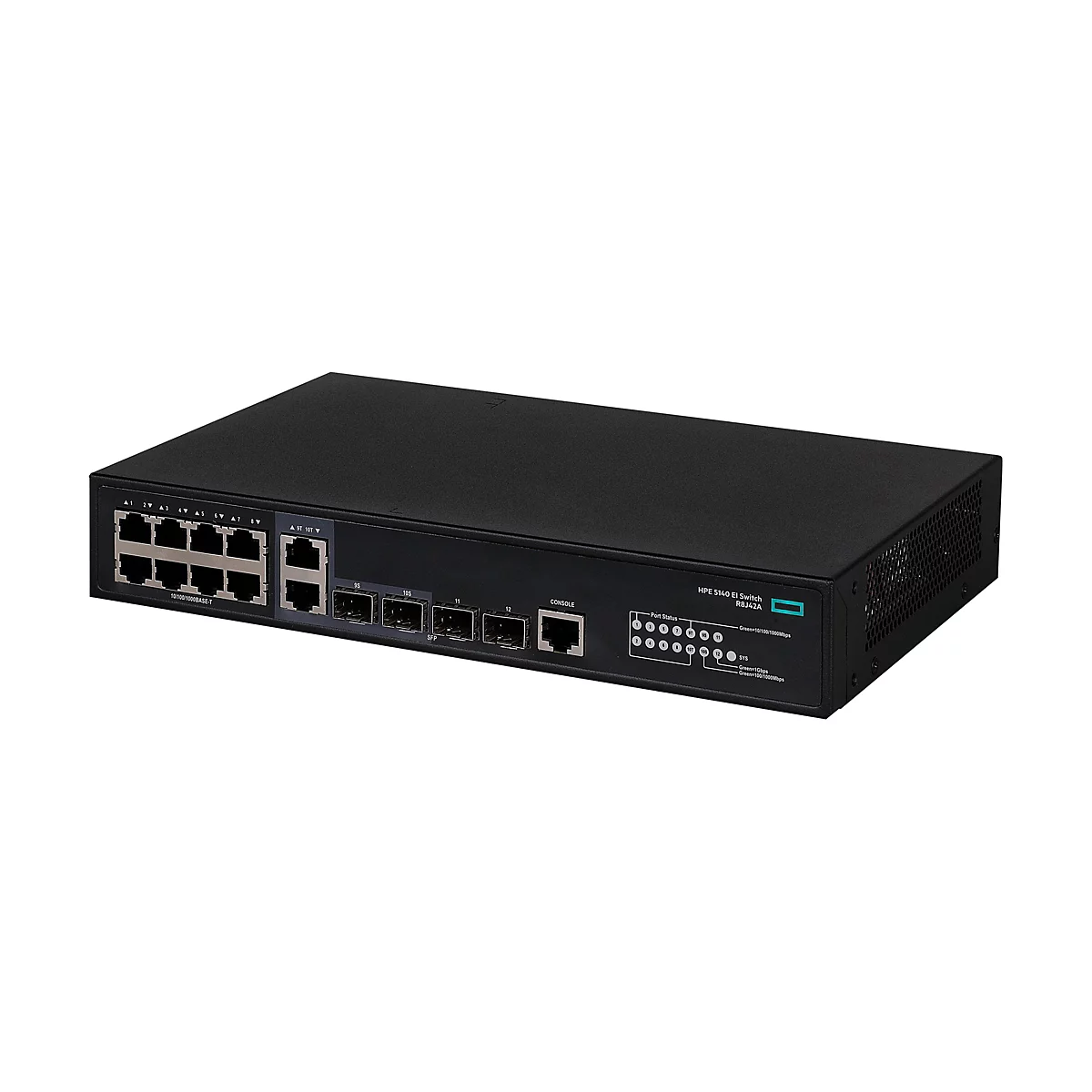 Schwarzer HPE 5140 EI Netzwerk-Switch mit verschiedenen RJ45- und SFP-Anschlüssen vor weißem Hintergrund.