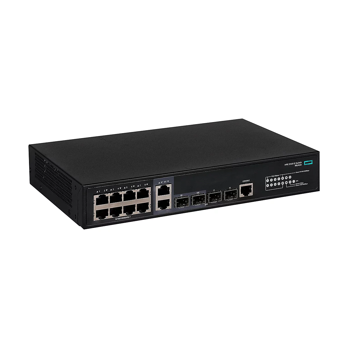 Schwarzer HPE 5140 EI Netzwerk-Switch in einer Frontalansicht auf weißem Hintergrund.