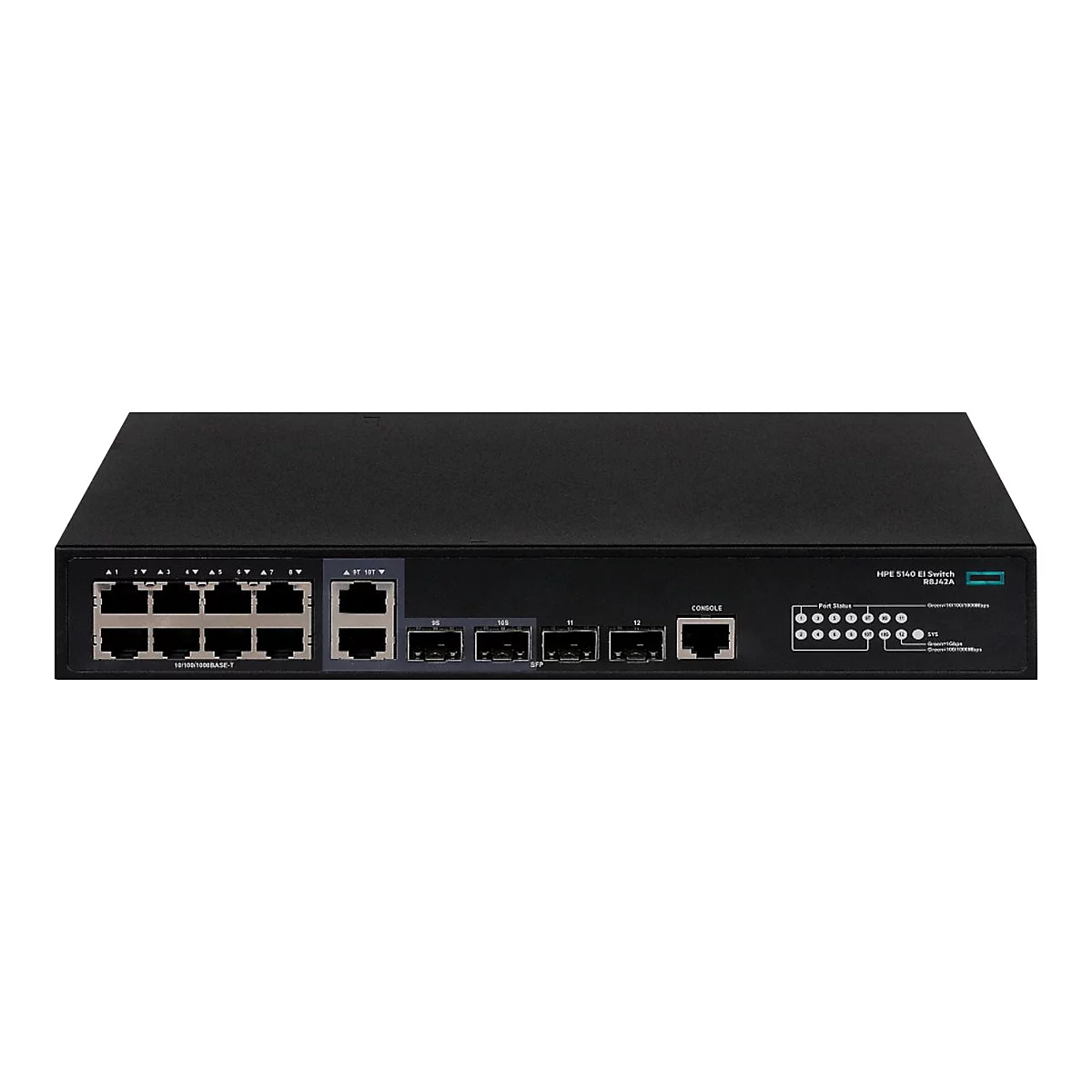 Ein schwarzer HPE 5140 EI Switch. Die Vorderseite zeigt Anschlüsse, Anzeigen und Konsolenports. Auf dem Gerät steht "HPE 5140 EI Switch R8J42A".