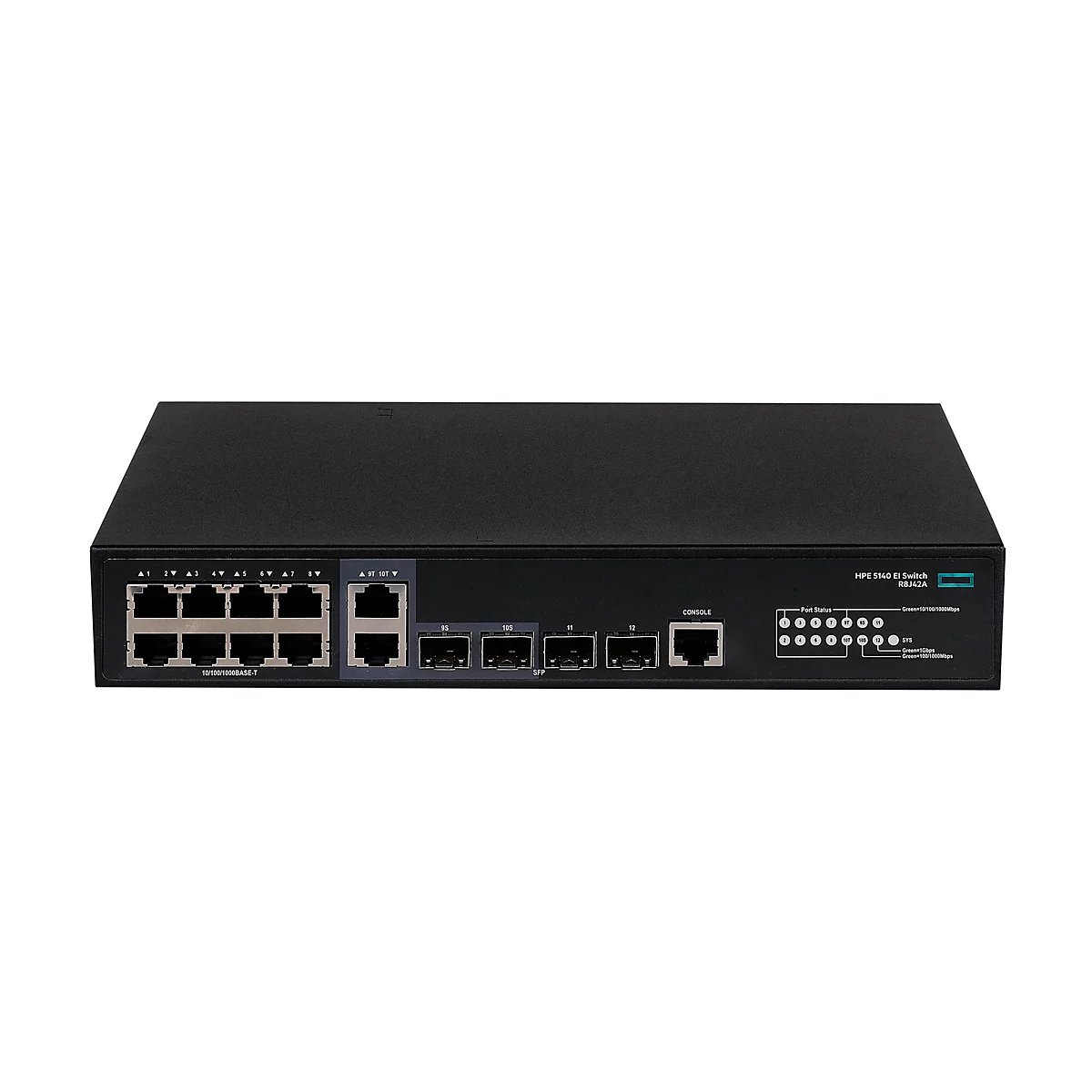 Schwarzer HPE 5140 EI Netzwerk-Switch auf weißem Hintergrund mit RJ45-Ports und Status-LEDs.