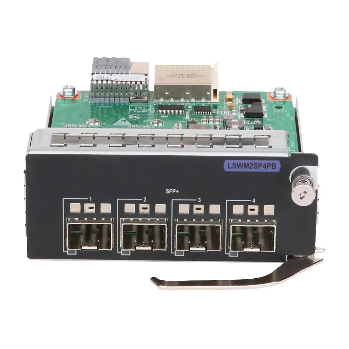 Un module réseau noir avec quatre ports et l'inscription "LSWM2SP4PB". D'autres connecteurs et composants électroniques sont visibles sur la carte.