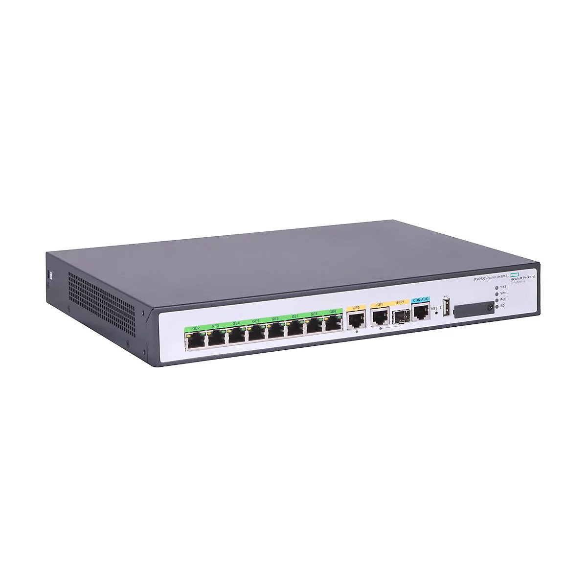 HPE MSR958 Router in grauem Metallgehäuse mit zahlreichen Netzwerkanschlüssen auf weißem Hintergrund.