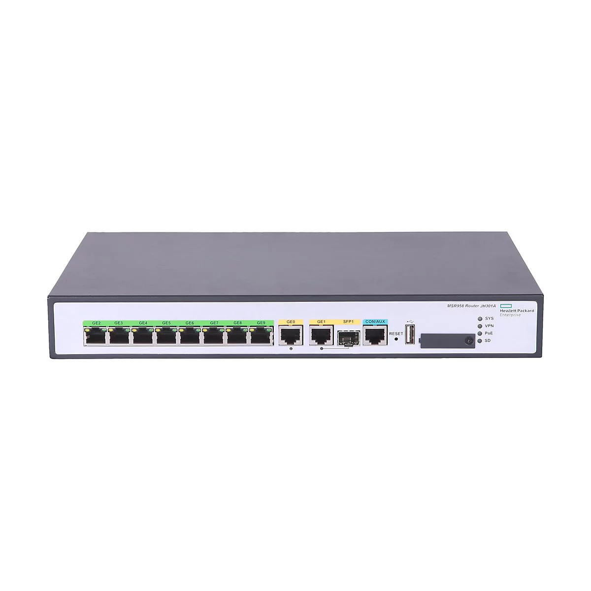 HPE MSR958 Router auf weißem Hintergrund mit diversen Netzwerkanschlüssen und Status-LEDs.