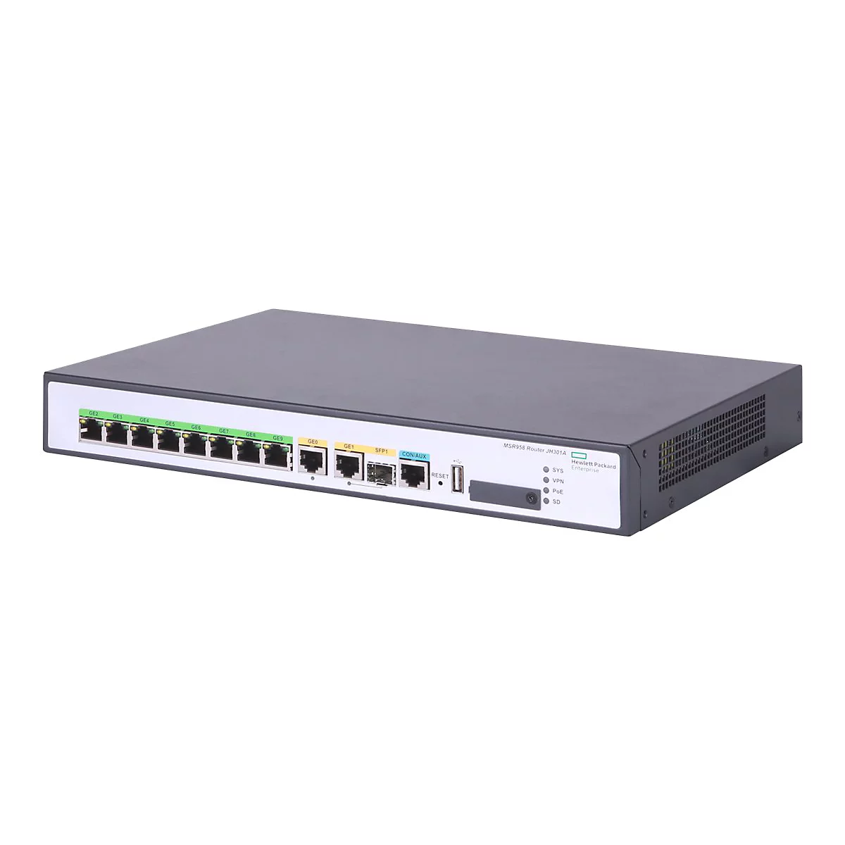 HPE MSR958 Router auf weißem Hintergrund mit zahlreichen LAN-Anschlüssen und Status-LEDs.