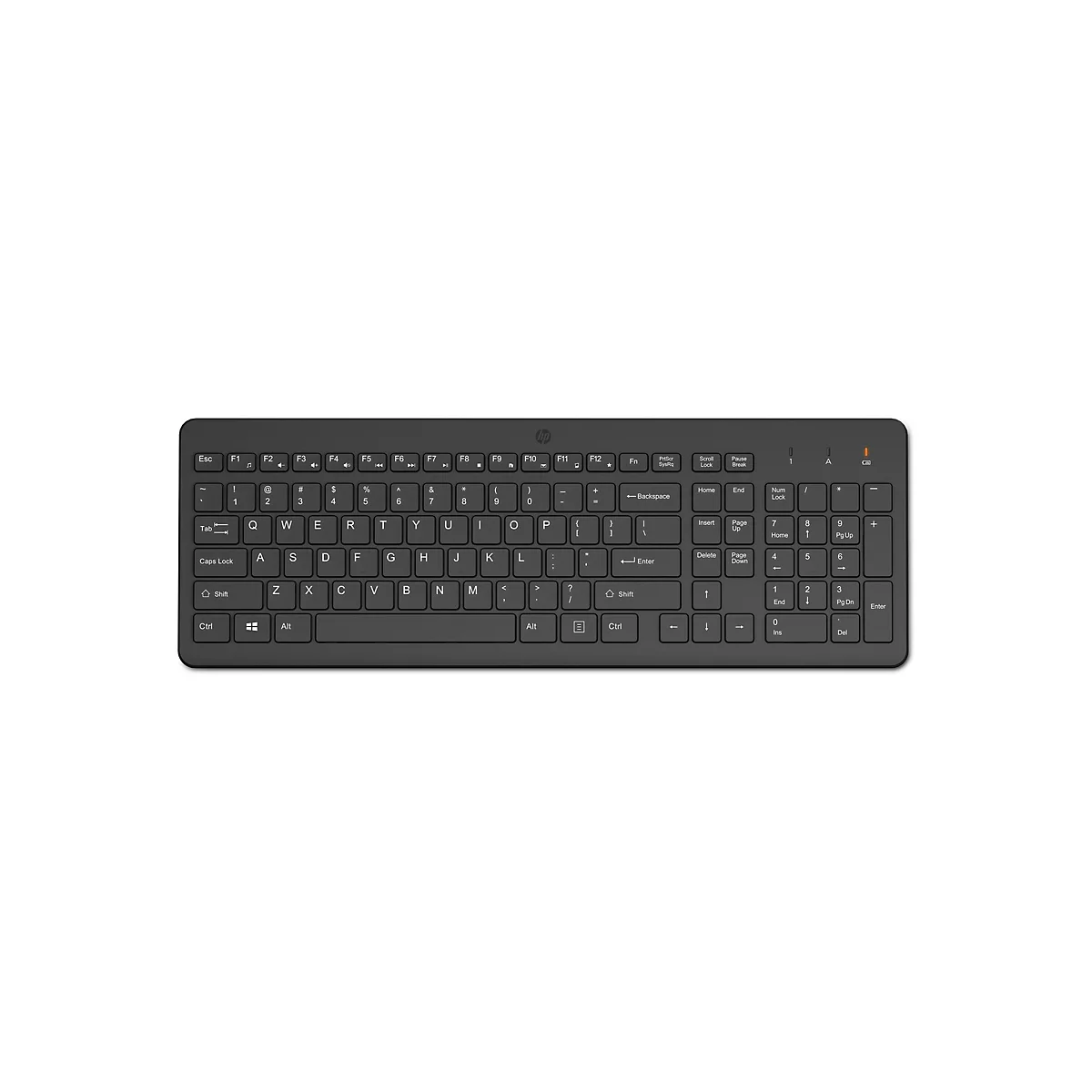 Schwarze HP PC-Tastatur mit QWERTZ-Layout und separatem Ziffernblock auf weißem Hintergrund.