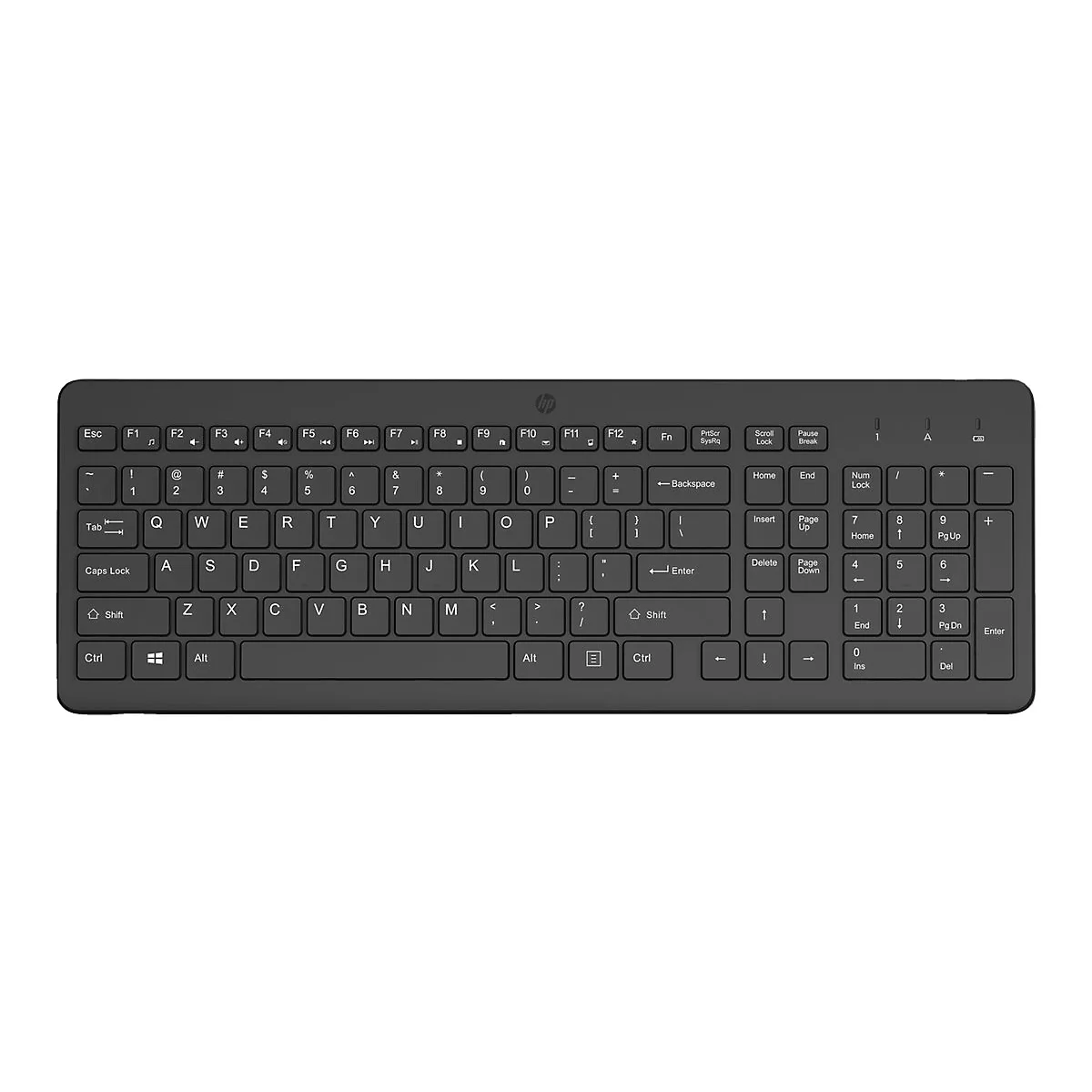 Schwarze HP-Tastatur in Draufsicht mit QWERTZ-Layout und separatem Ziffernblock auf hellem Hintergrund.