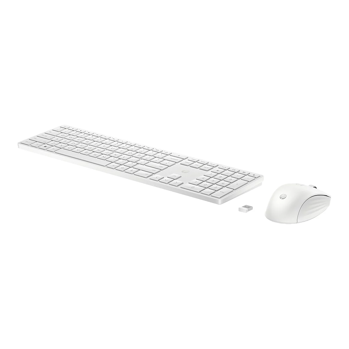 Weißes, kabelloses HP Tastatur- und Maus-Set mit USB-Empfänger vor weißem Hintergrund.