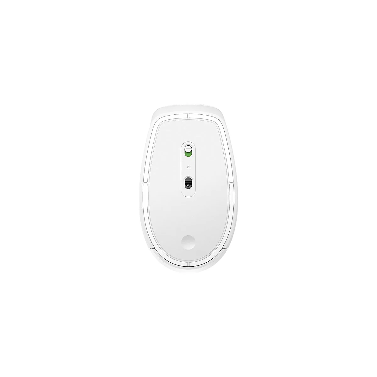 Unterseite einer weißen, ovalen Computermaus mit Sensor und Schiebeschalter vor weißem Hintergrund.