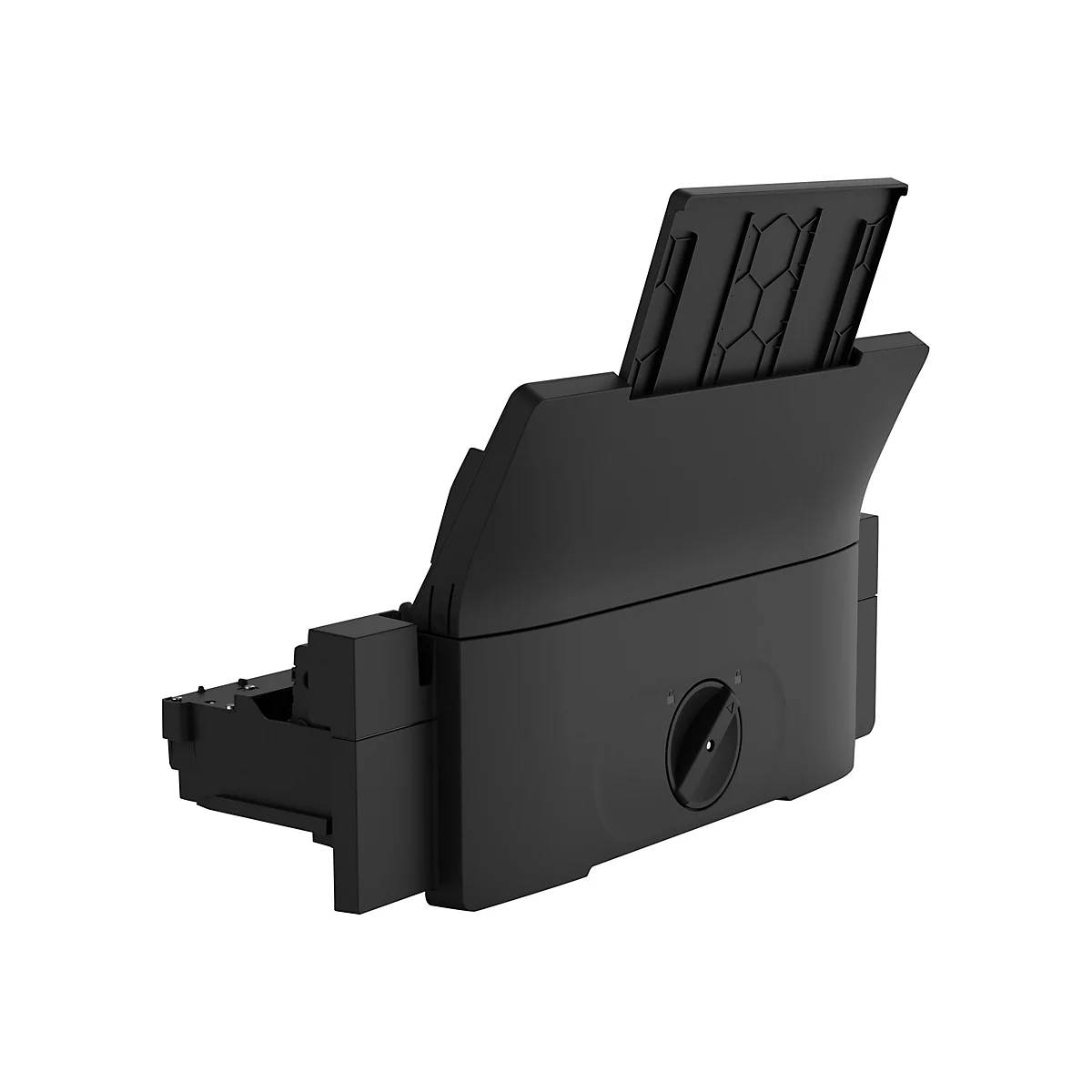 Schwarzes technisches Gerät, Oberteil geöffnet, detaillierte Ansicht.