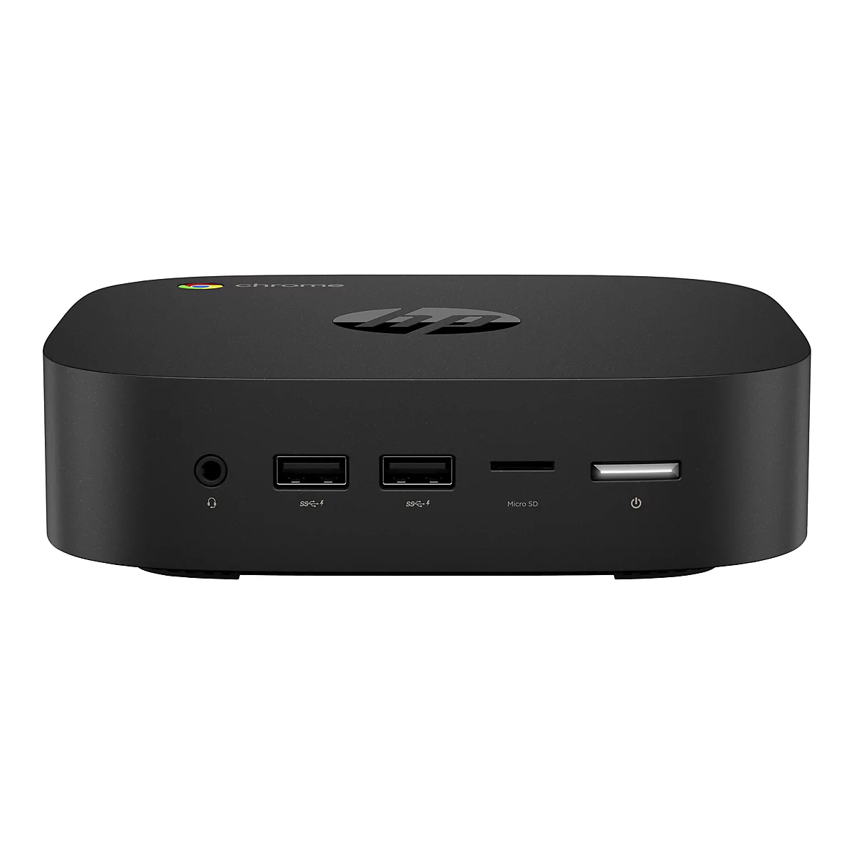 Schwarzer HP Chromebox Mini-PC; Oberseite mit Chrome-Logo; Frontansicht mit Anschlüssen für Kopfhörer, USB und Micro SD. Rechts Ein-/Aus-Taste.
