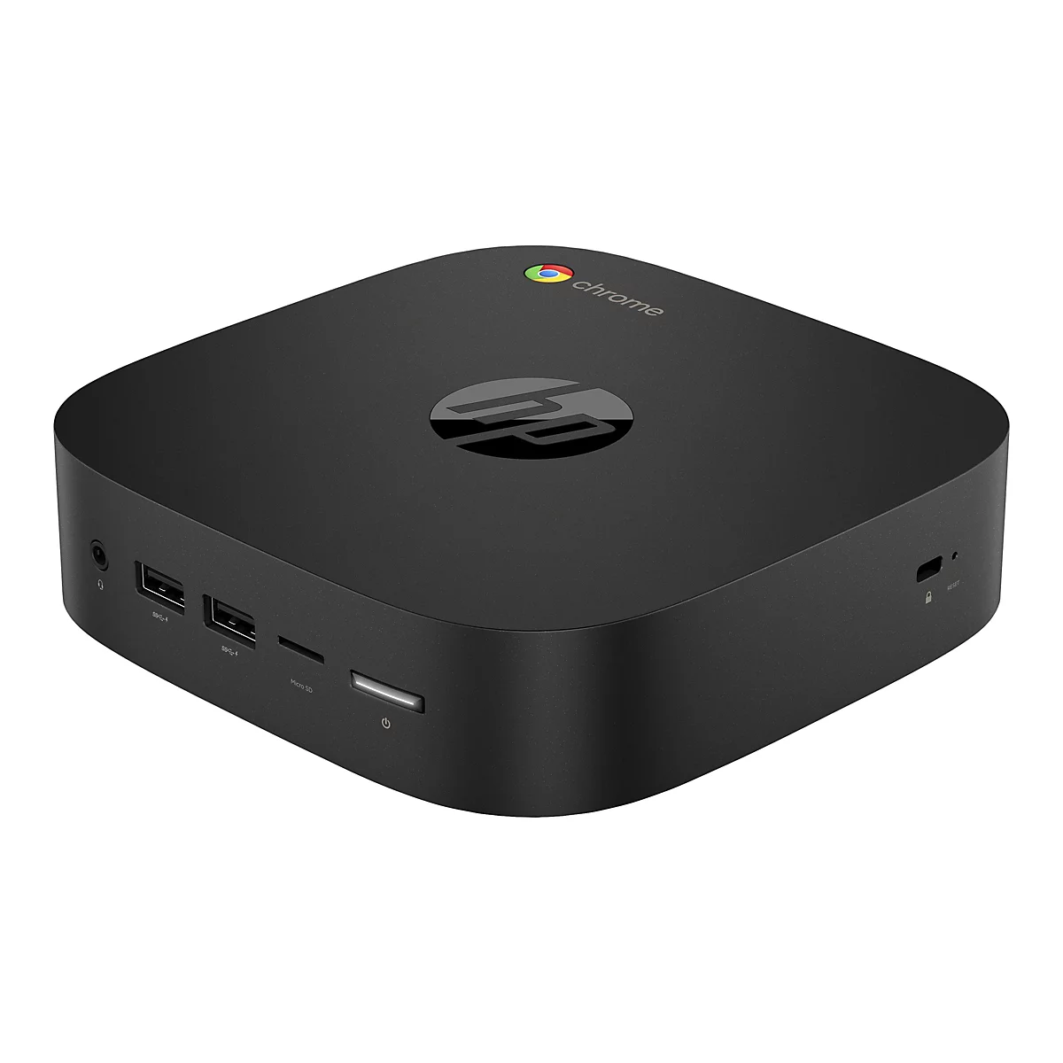 Schwarzer HP Chrome Mini-PC. Oben: Logo, Chrome-Logo. Front: USB-Ports, Micro SD-Port. Seite: Reset-Knopf.