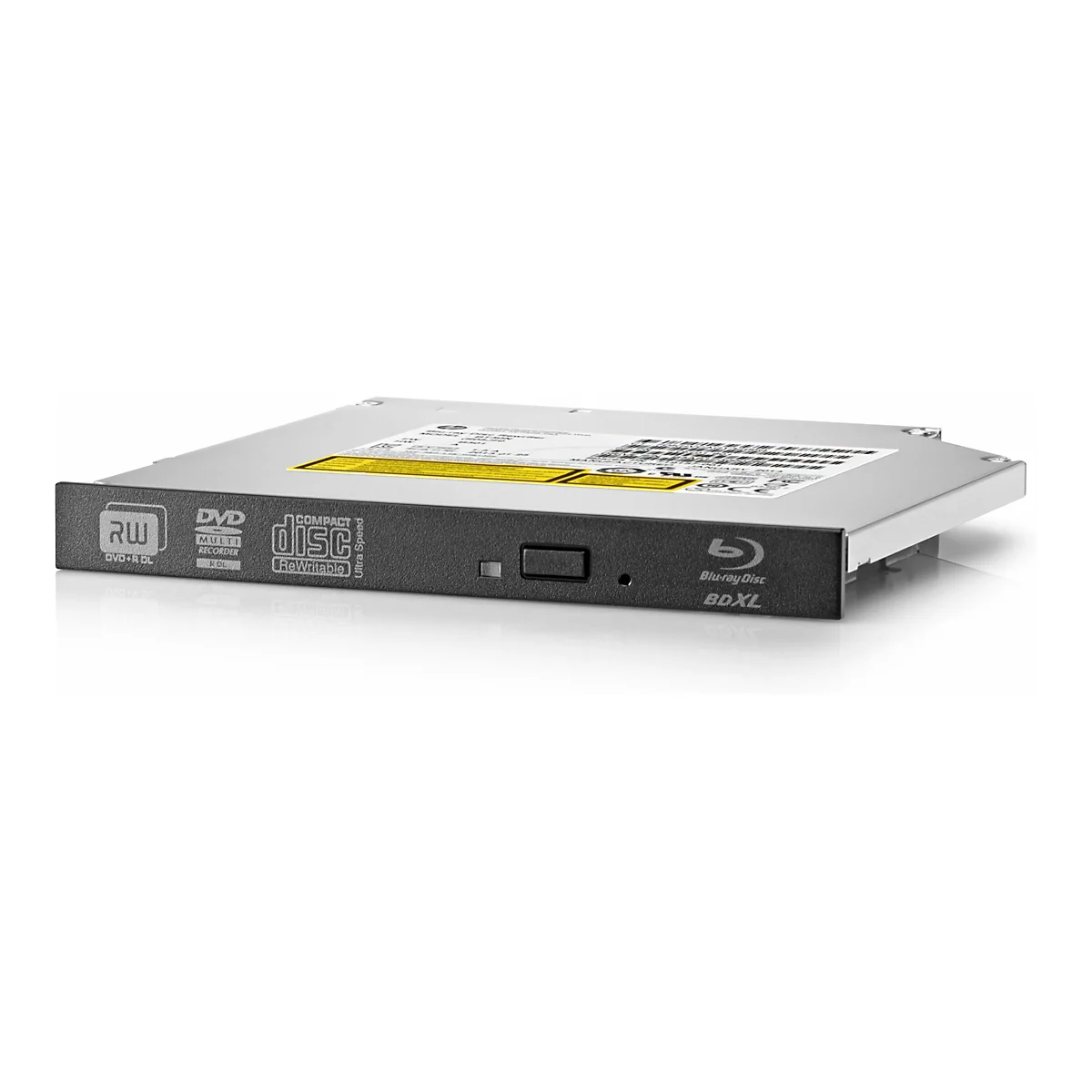 Ein optisches Laufwerk für Computer, silberfarben mit schwarzer Front. Auf der Front sind Logos für DVD und Blu-ray Disc zu sehen.