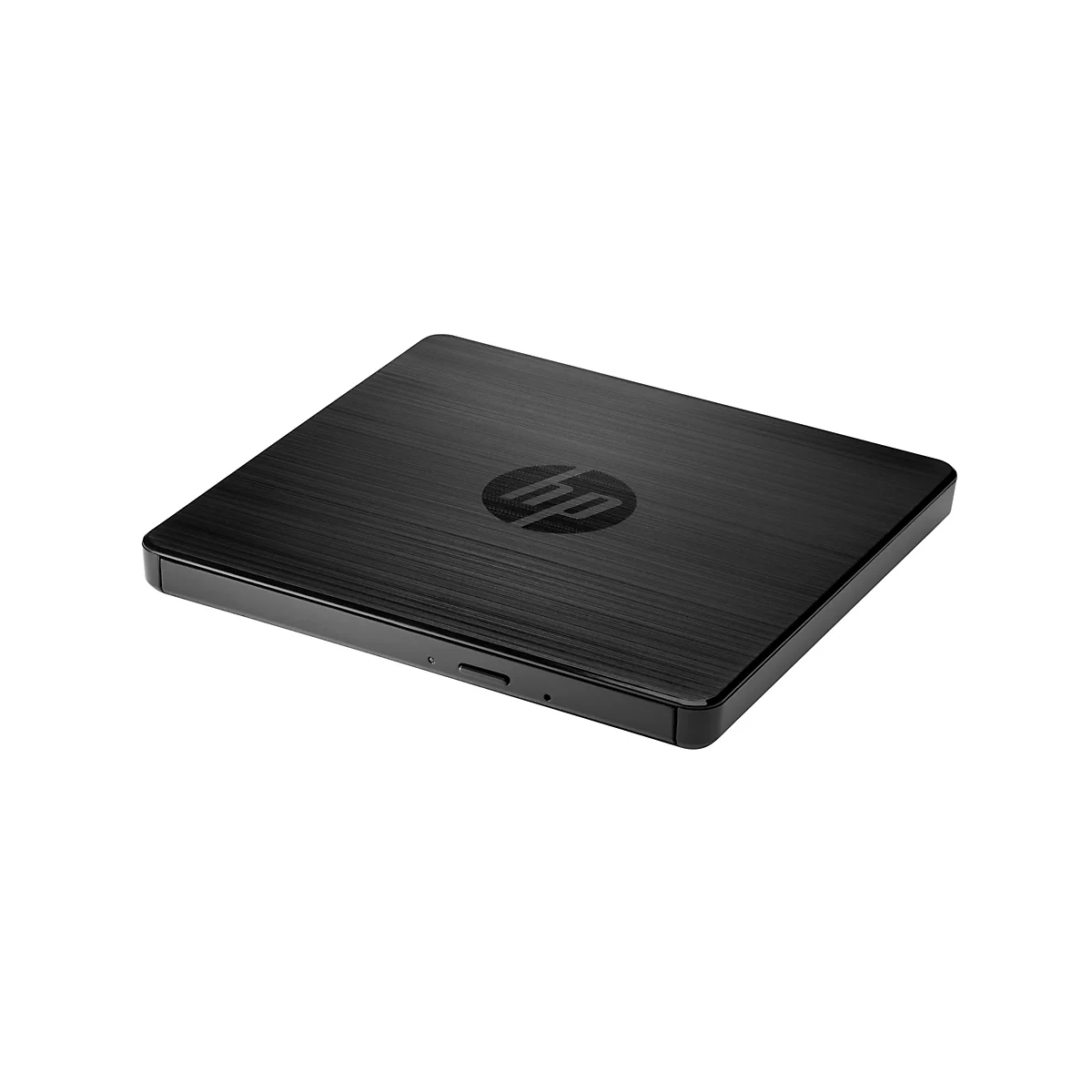 Ein schwarzes, quadratisches HP DVD-Laufwerk liegt auf weißem Grund. Auf der Oberfläche ist das HP Logo eingraviert.