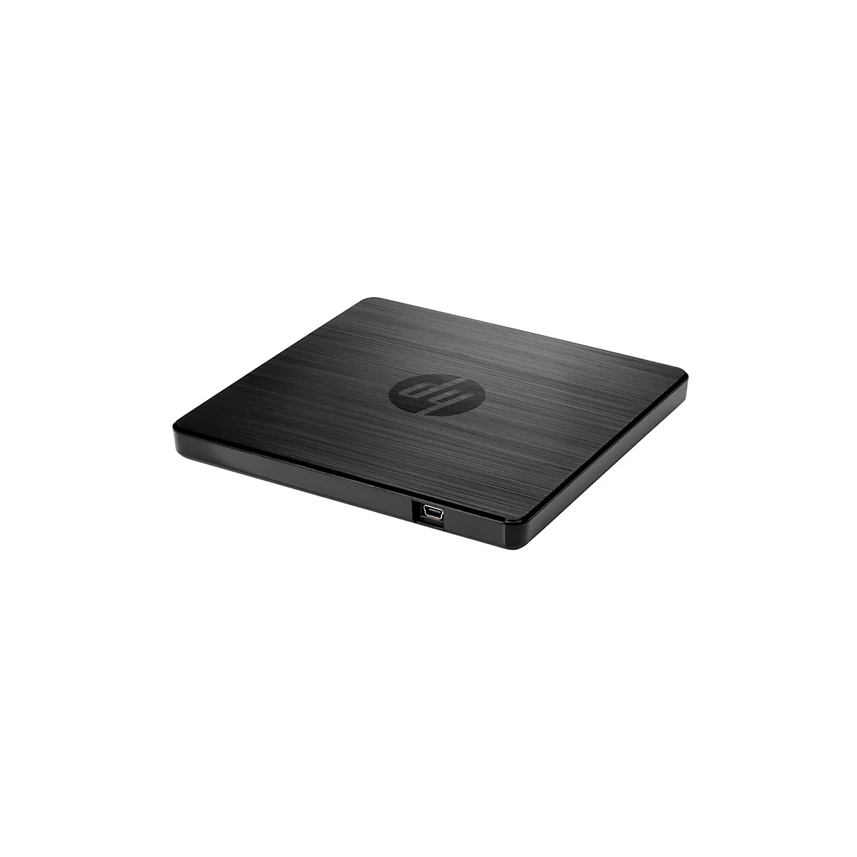 Schwarzes HP externes DVD-Laufwerk. Es hat eine gebürstete Oberfläche, das HP Logo und einen USB-Anschluss.