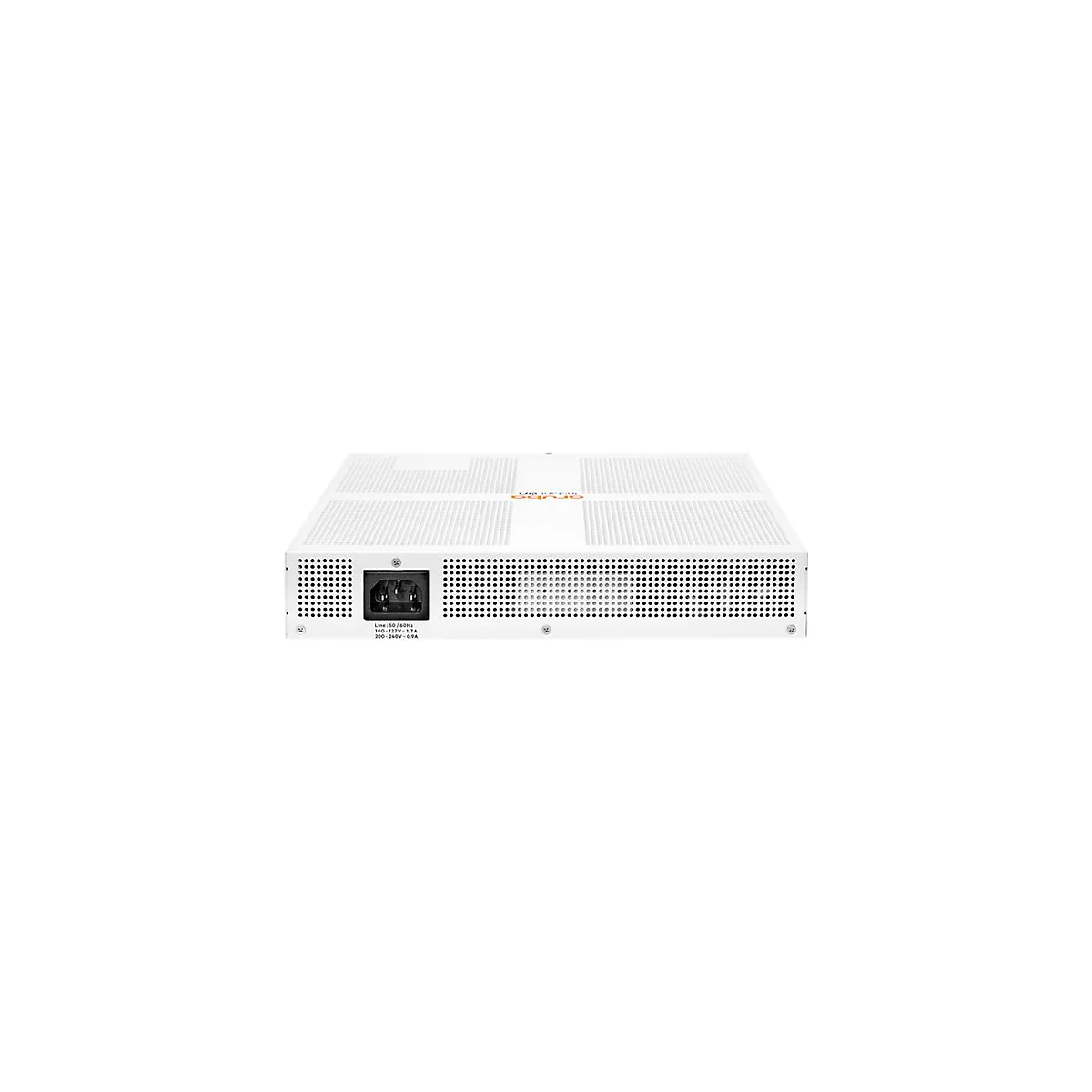 Un appareil réseau blanc avec des trous de ventilation, un connecteur d'alimentation et des étiquettes. La marque est Aruba.