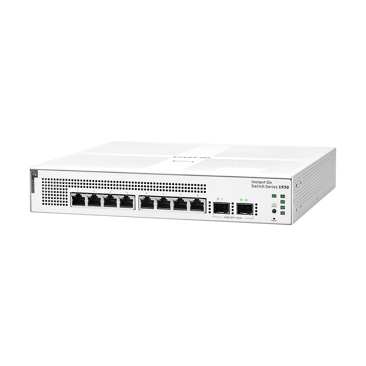 Un commutateur réseau blanc Instant On Switch Series 1930 avec plusieurs ports et LED. Texte : 1GbE SFP+ Ports.