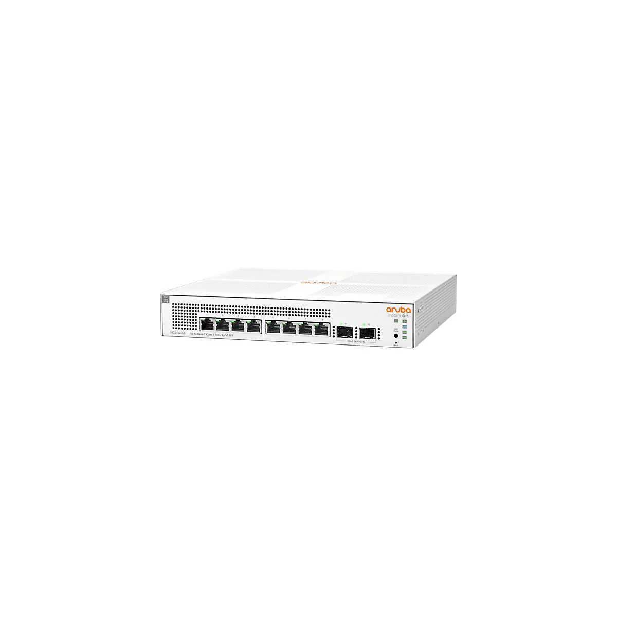 Un commutateur Aruba Instant On blanc avec divers ports et LED. L'appareil est représenté sur un fond blanc.