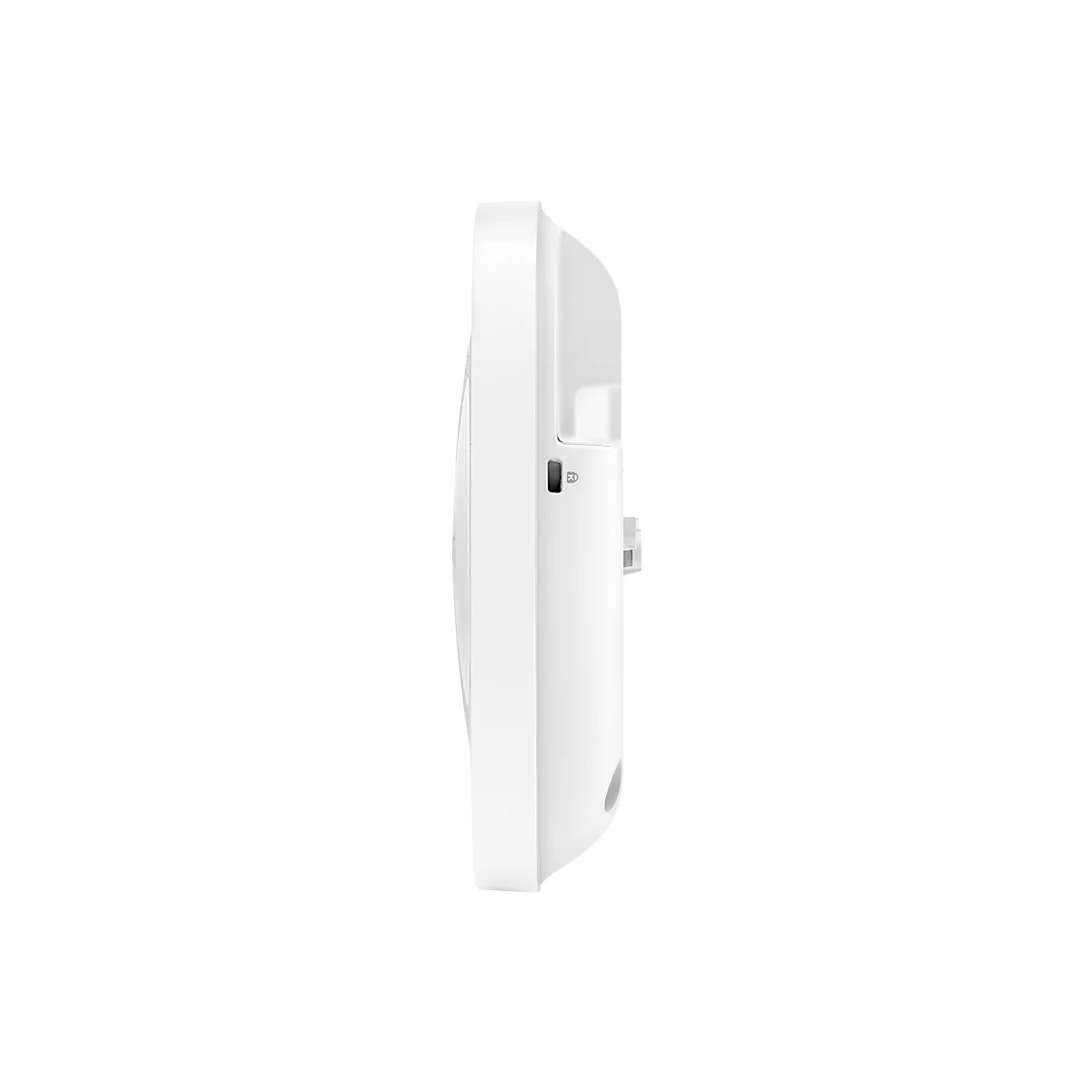 Vue latérale d'un appareil blanc rectangulaire aux coins arrondis. La partie supérieure a une forme semi-circulaire. Il possède un petit bouton gris.