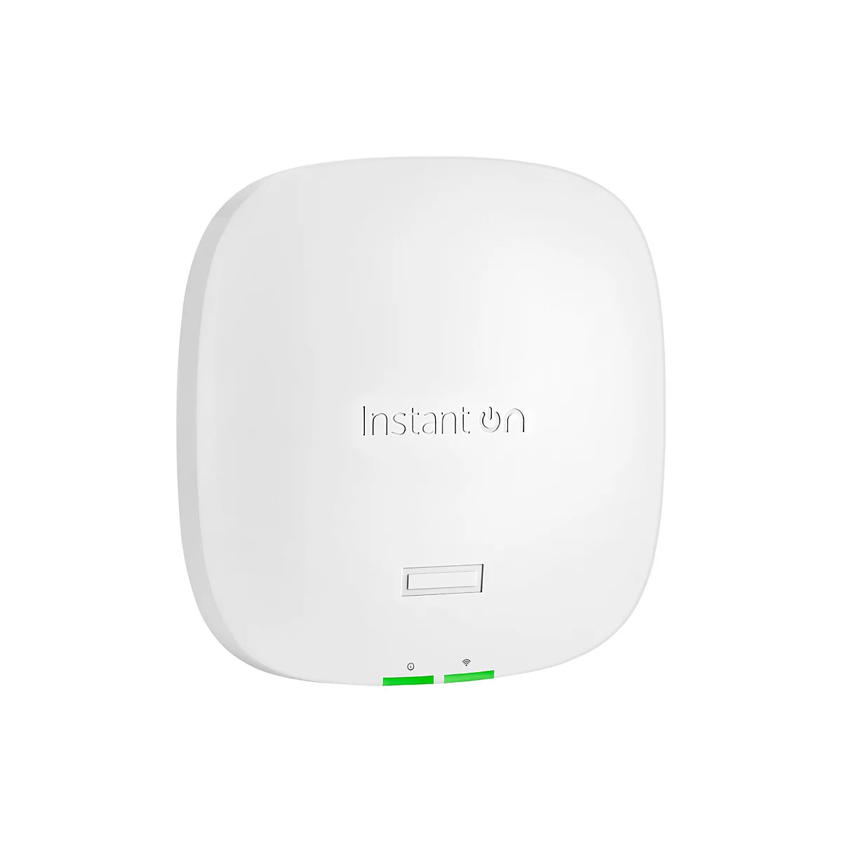 Appareil électronique blanc arrondi avec "Instant On" imprimé. Deux lumières vertes et un champ de port en bas.