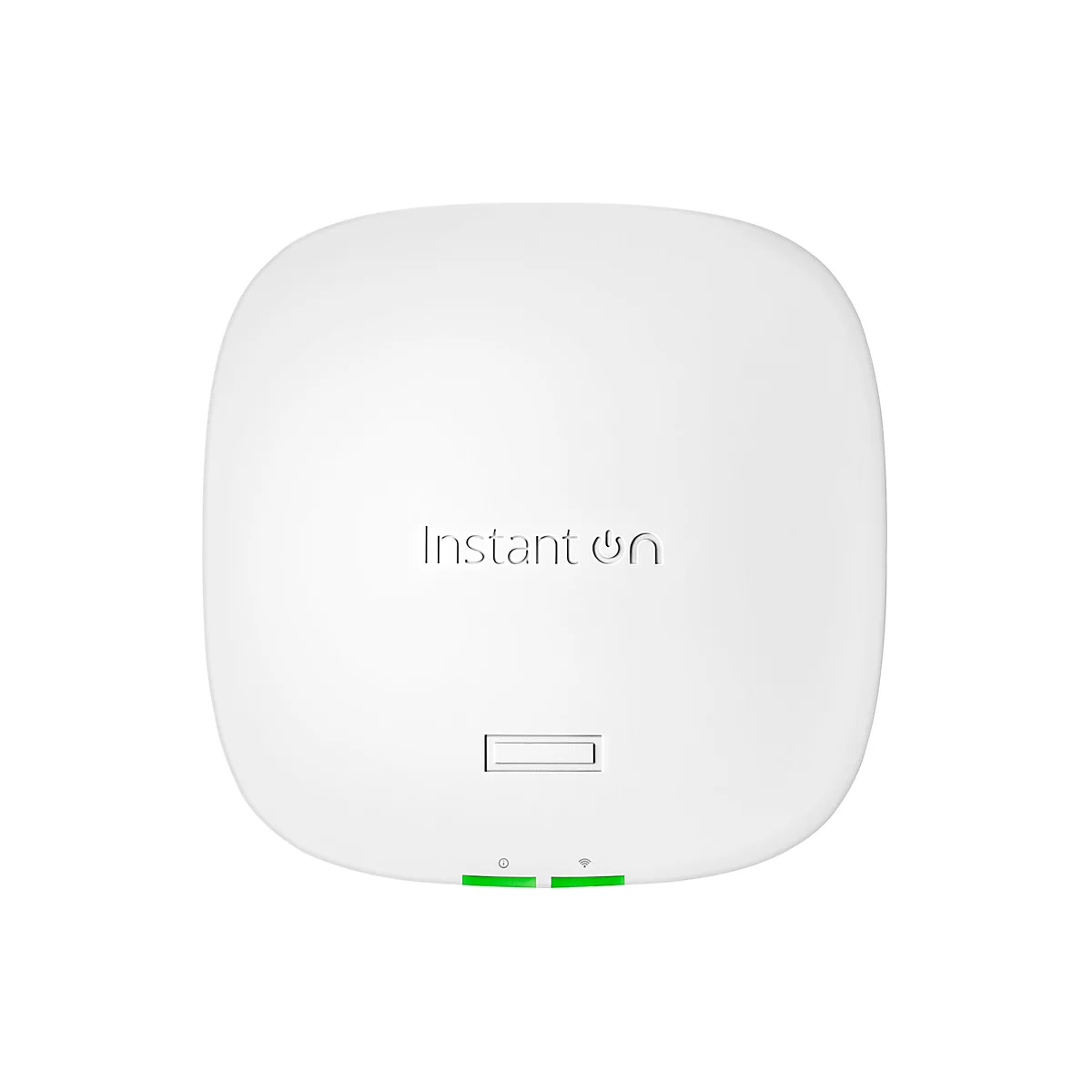 Un rectangle blanc arrondi représentant le produit Instant On. En dessous, un rectangle et deux lumières vertes.