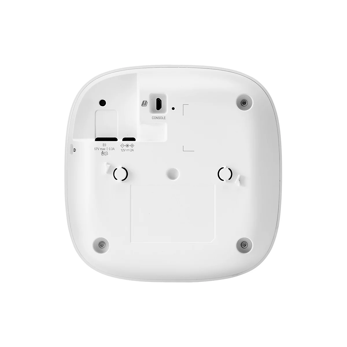 Gros plan du dessous d'un appareil électronique blanc avec divers ports, étiquettes et vis.