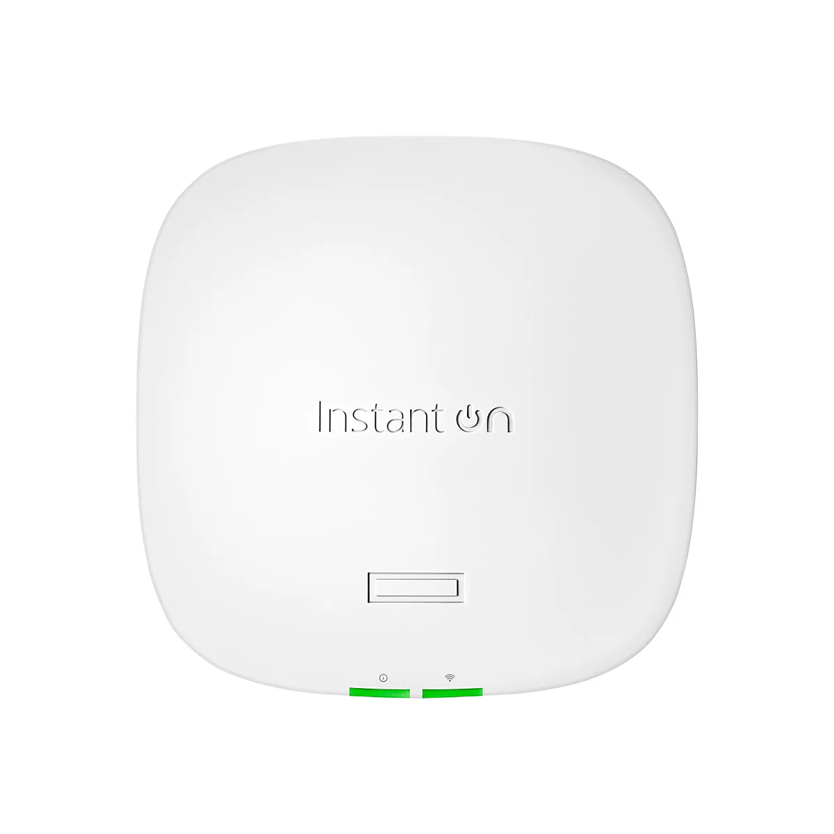 Un appareil réseau blanc de forme ovale avec des voyants verts. Le texte 'Instant On' est visible sur la surface.