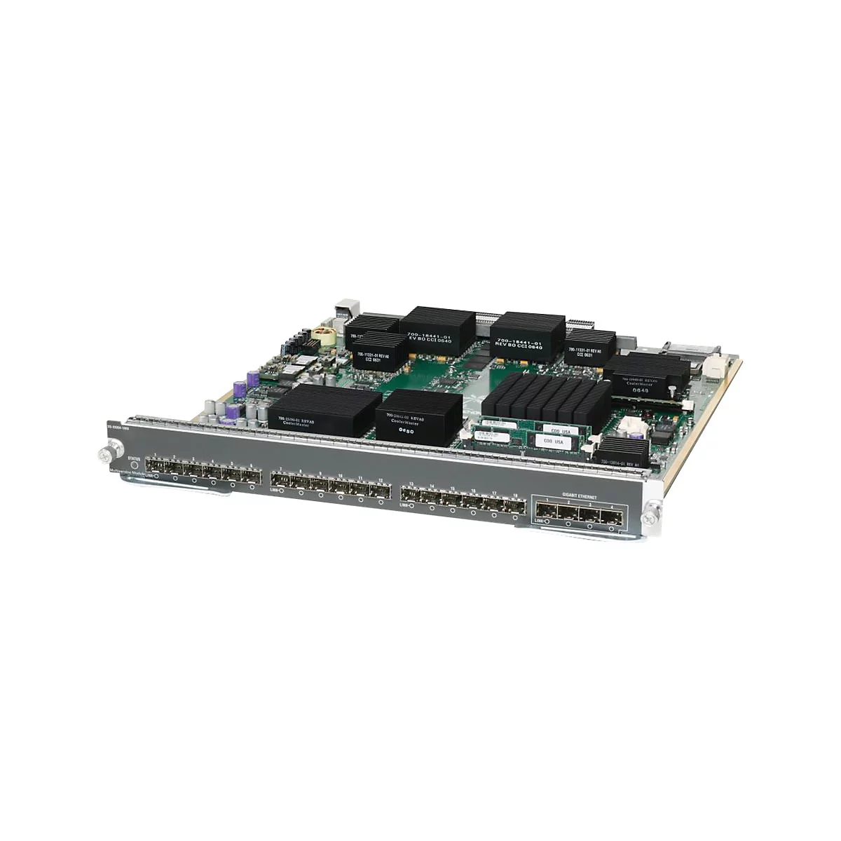 Platine mit Kühlkörpern und Anschlüssen. Beschriftung: Gigabit Ethernet, Limpo, Status, CCO USA.