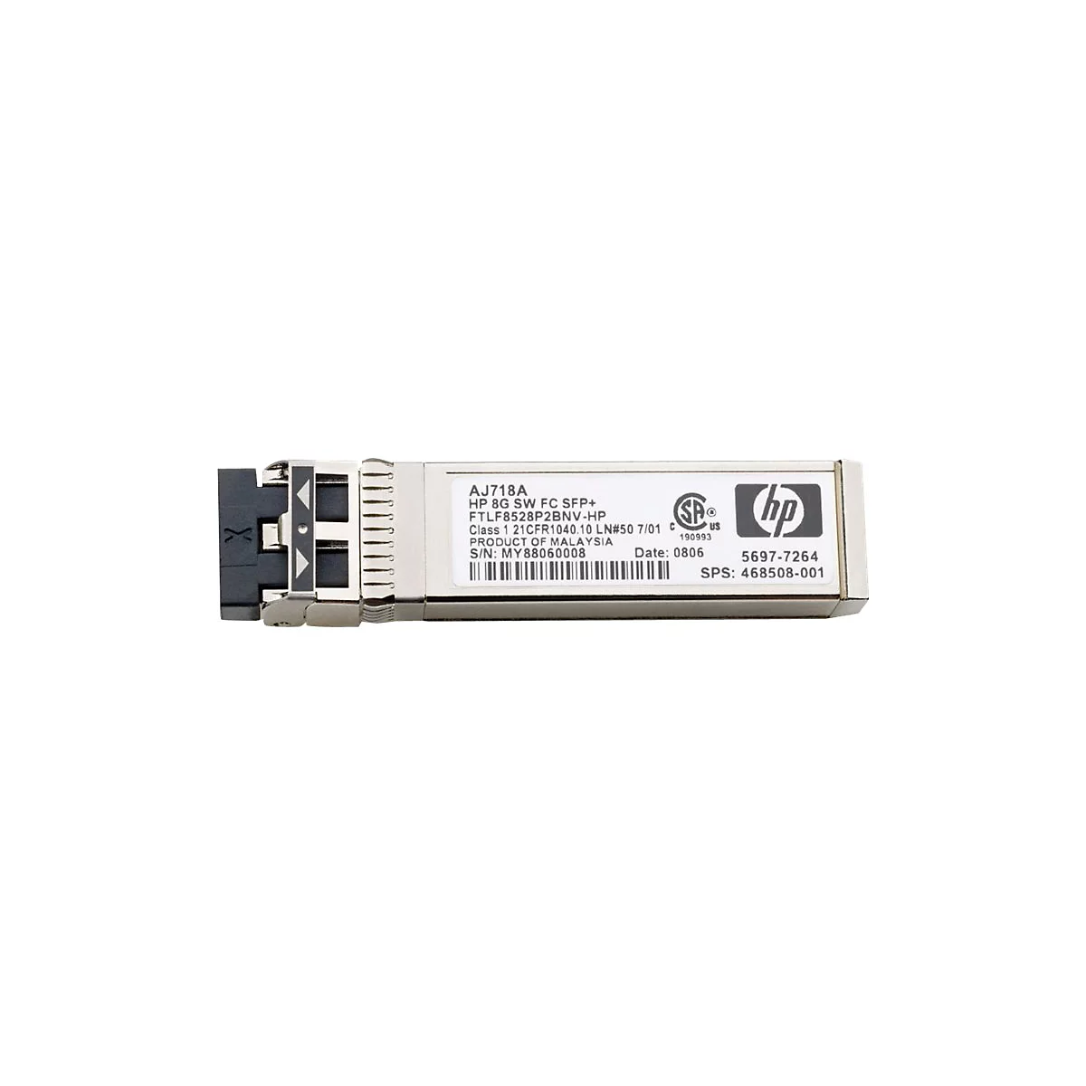 Ein silberner HP SFP+-Transceiver. Aufschrift mit Modellnummern und HP Logo.