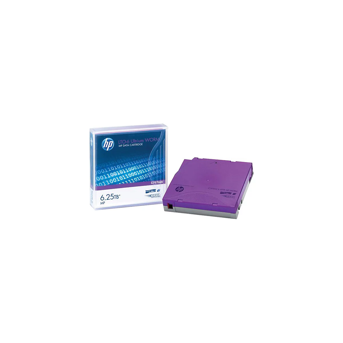HP LTO-6 Ultrium WORM Datenkassette, lila, neben einer transparenten Box, 6,25 TB Kapazität.