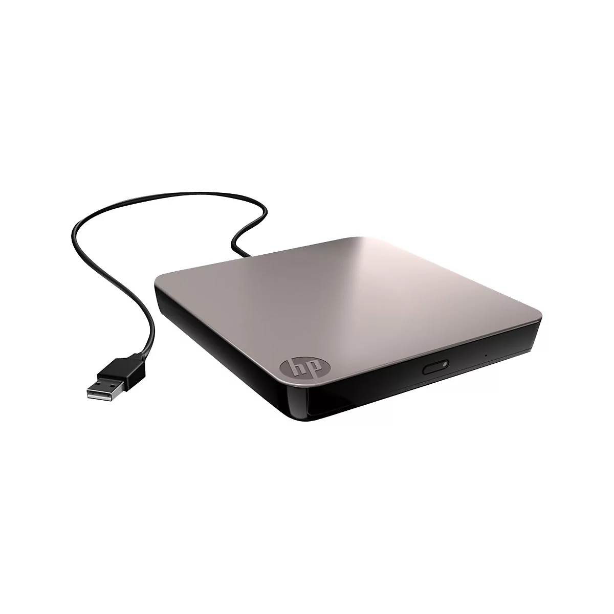 Ein graues HP-Laufwerk mit schwarzem Rahmen, USB-Kabel. Das HP-Logo ist sichtbar.