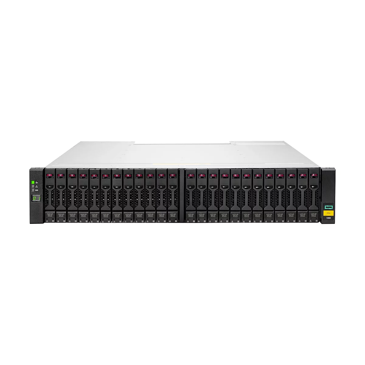 Ein Server-Rack mit schwarzen Einschüben für Festplatten, roter Verriegelung und grünem Display auf weißem Hintergrund.