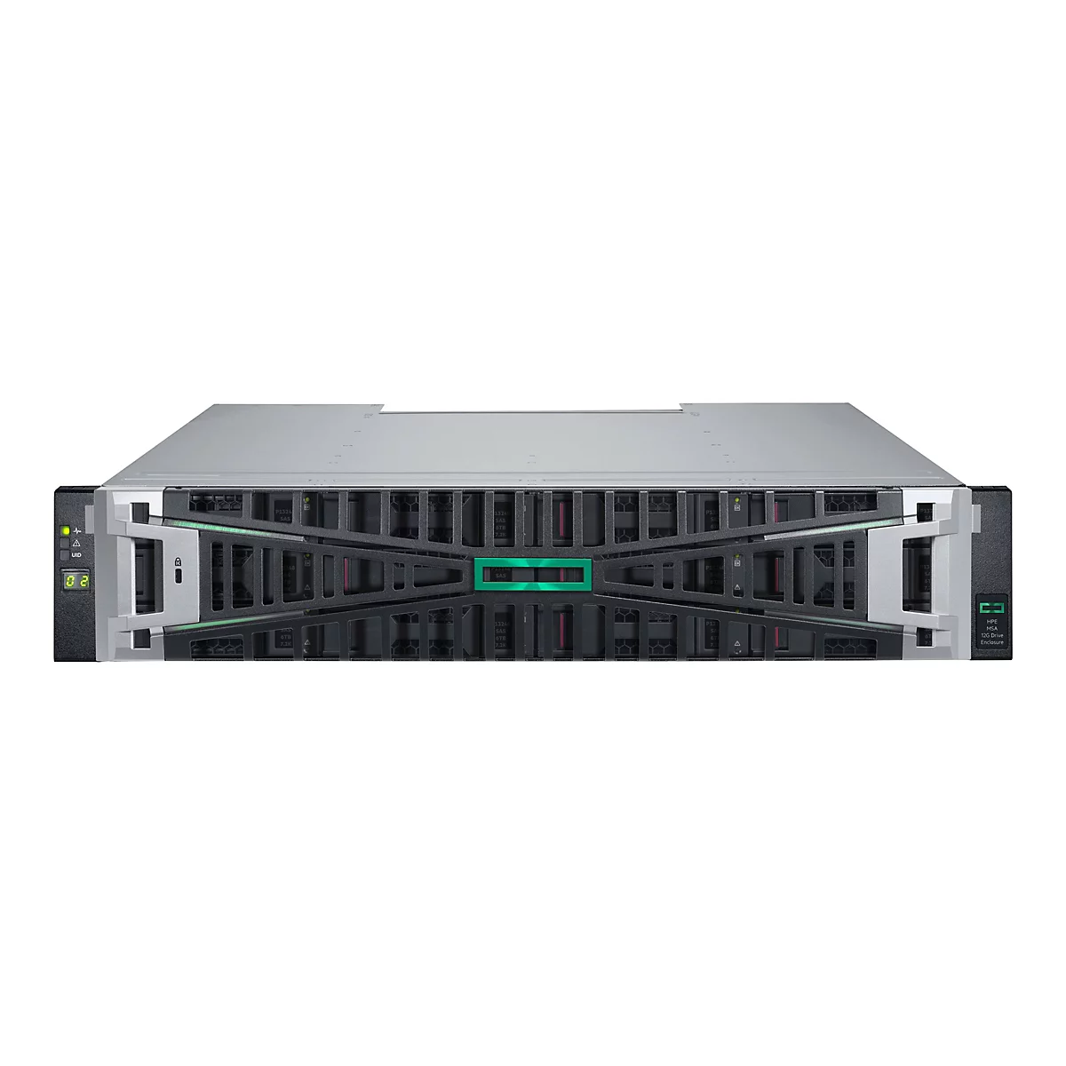 Ein Server-Rack mit schwarzer Front und grünem HPE-Logo vor weißem Hintergrund. Die Frontplatte ist mit Lüftern und Laufwerksschächten ausgestattet.