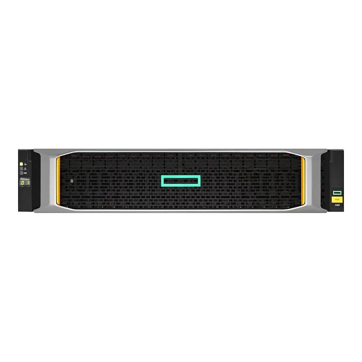 Ein Server-Rack mit schwarzer Front, silbernen Seiten, gelben Akzenten und einem rechteckigen grünen Logo in der Mitte.